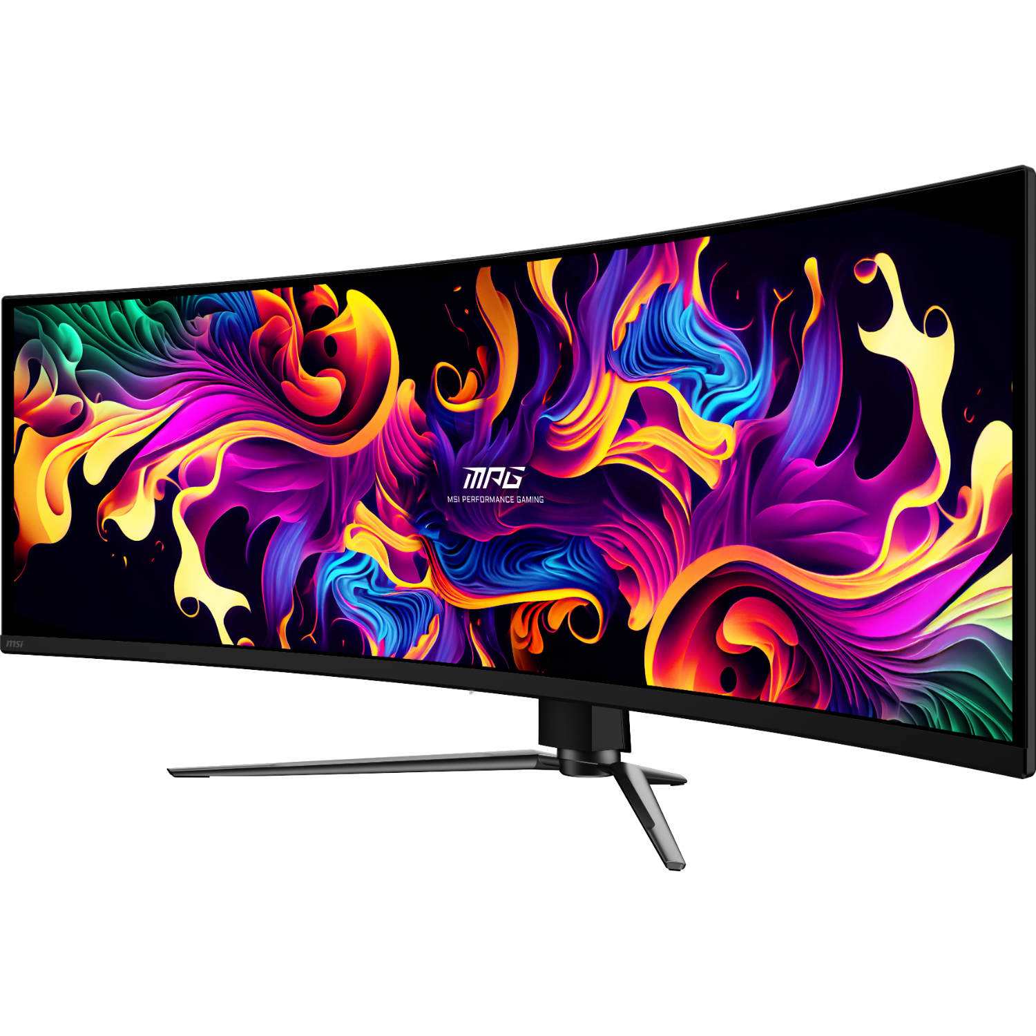Gebogen gamingmonitor met kleurrijke abstracte weergave. Zwarte standaard. Achtergrond is zwart.