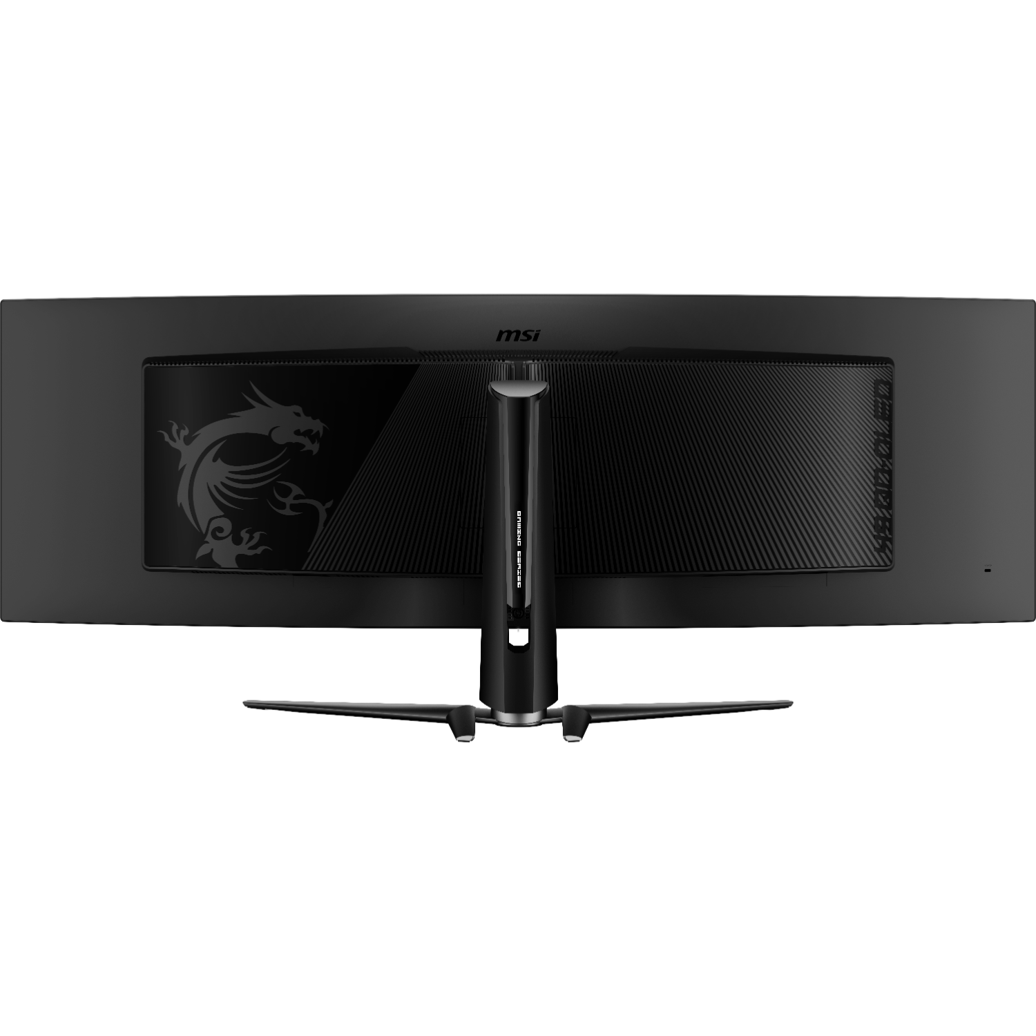 Achterkant van een zwarte MSI gaming monitor, met een drakenlogo en standaard. Zwarte achtergrond.