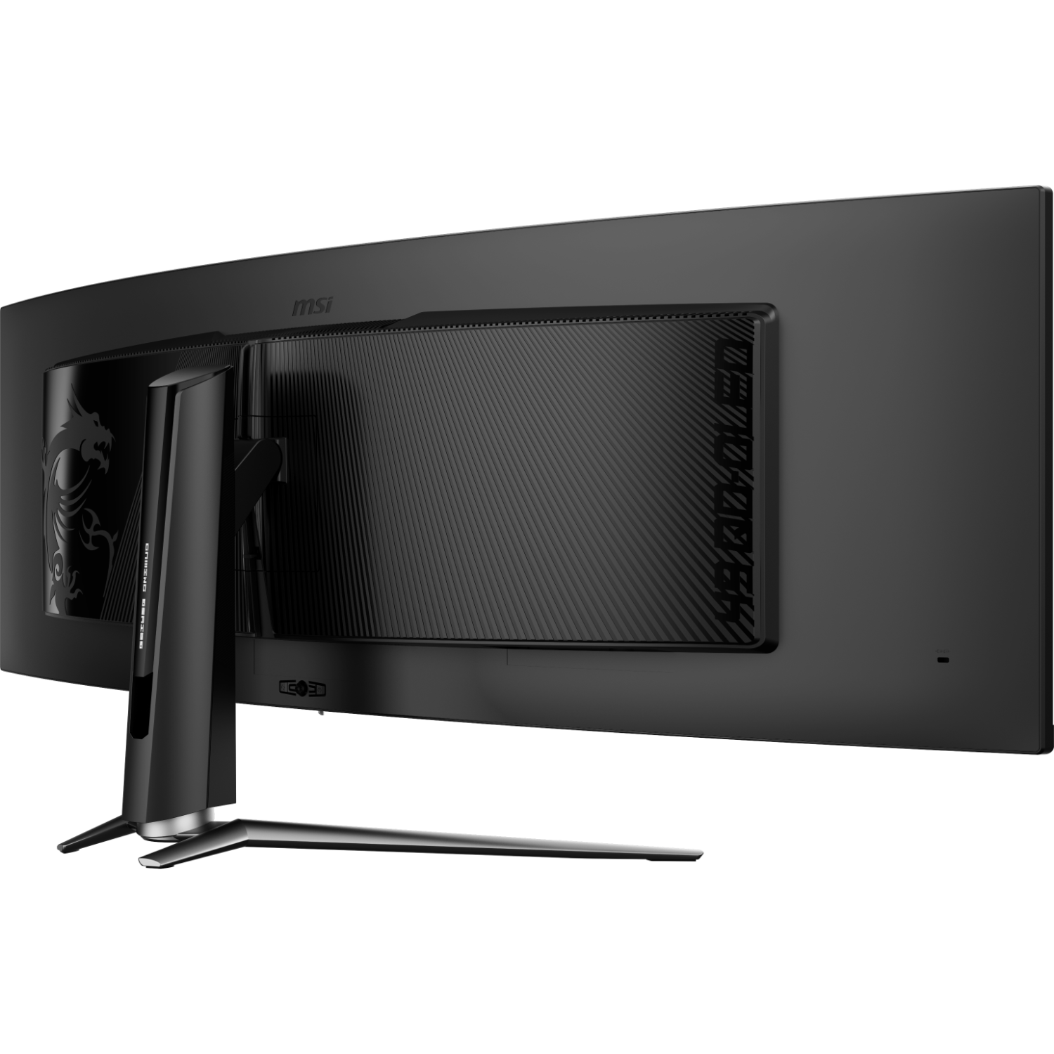 Achterkant van een MSI monitor. Zwarte behuizing met tekst- en designelementen. Standaard en poorten zichtbaar. Schuine weergave.