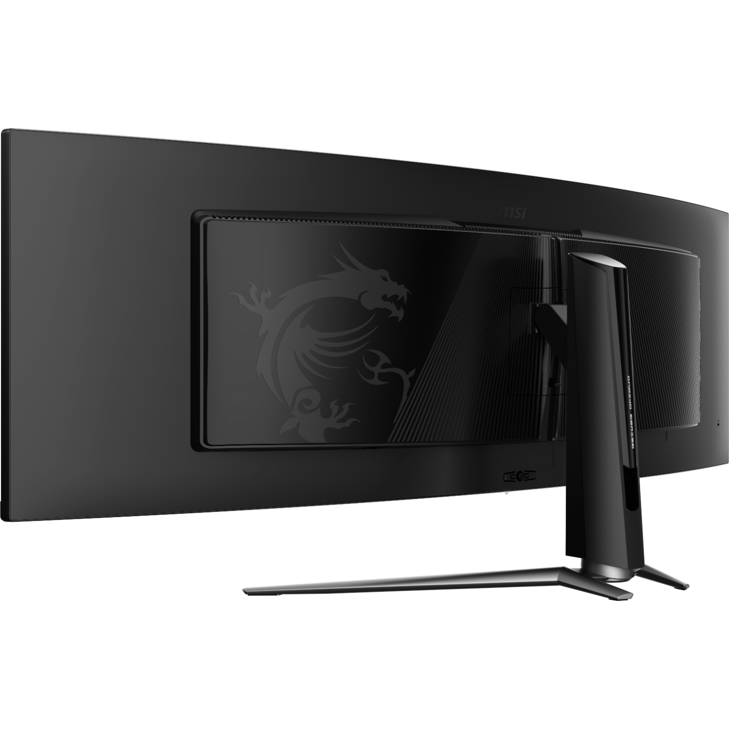 Gebogen achterkant van een zwarte monitor, met de standaard en drakenlogo.