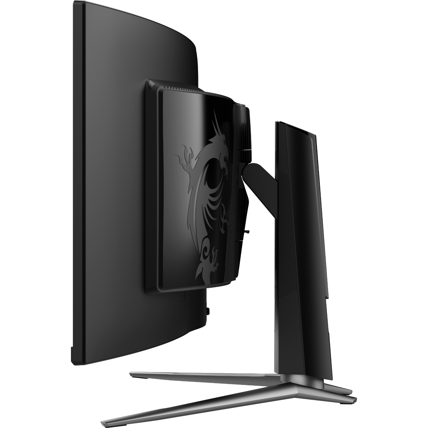 Zwarte MSI-monitor, zijaanzicht, drakenlogo op de achterkant.