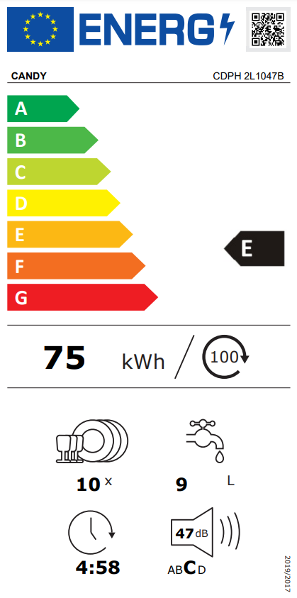 Energia címke 'E' besorolással. Információk az energiafogyasztásról és egyéb jellemzőkről.