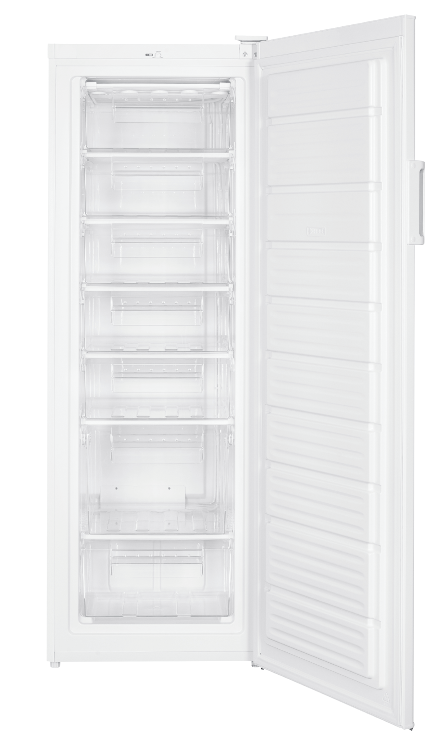 Congelador blanco con la puerta abierta, mostrando varios cajones transparentes. Fondo blanco.