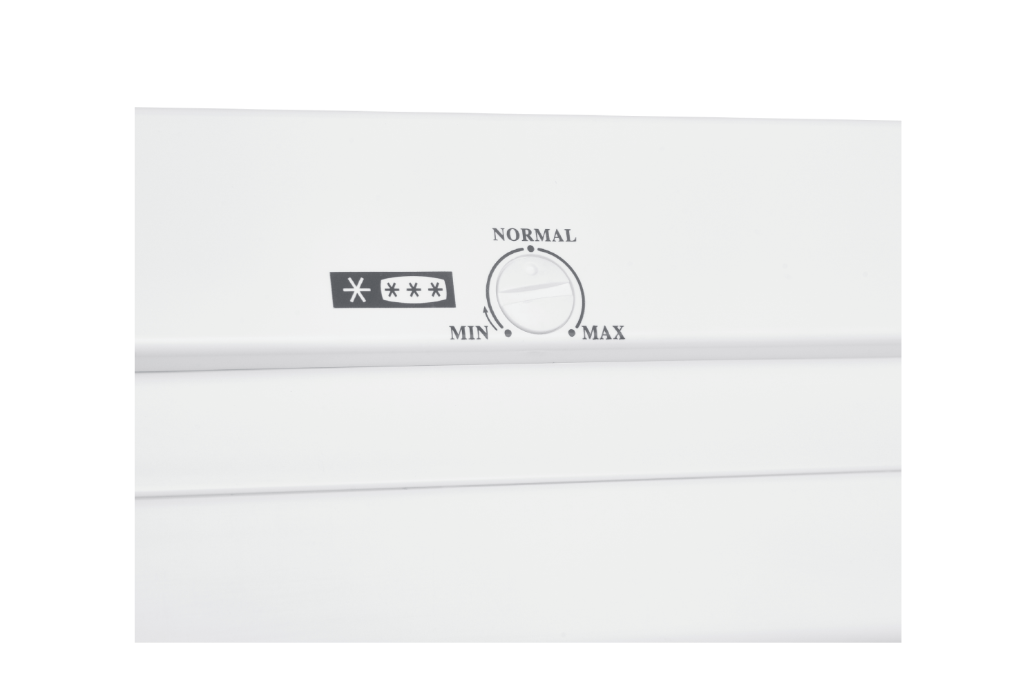 Dial de control de refrigerador blanco con ajustes: min, normal y máx.