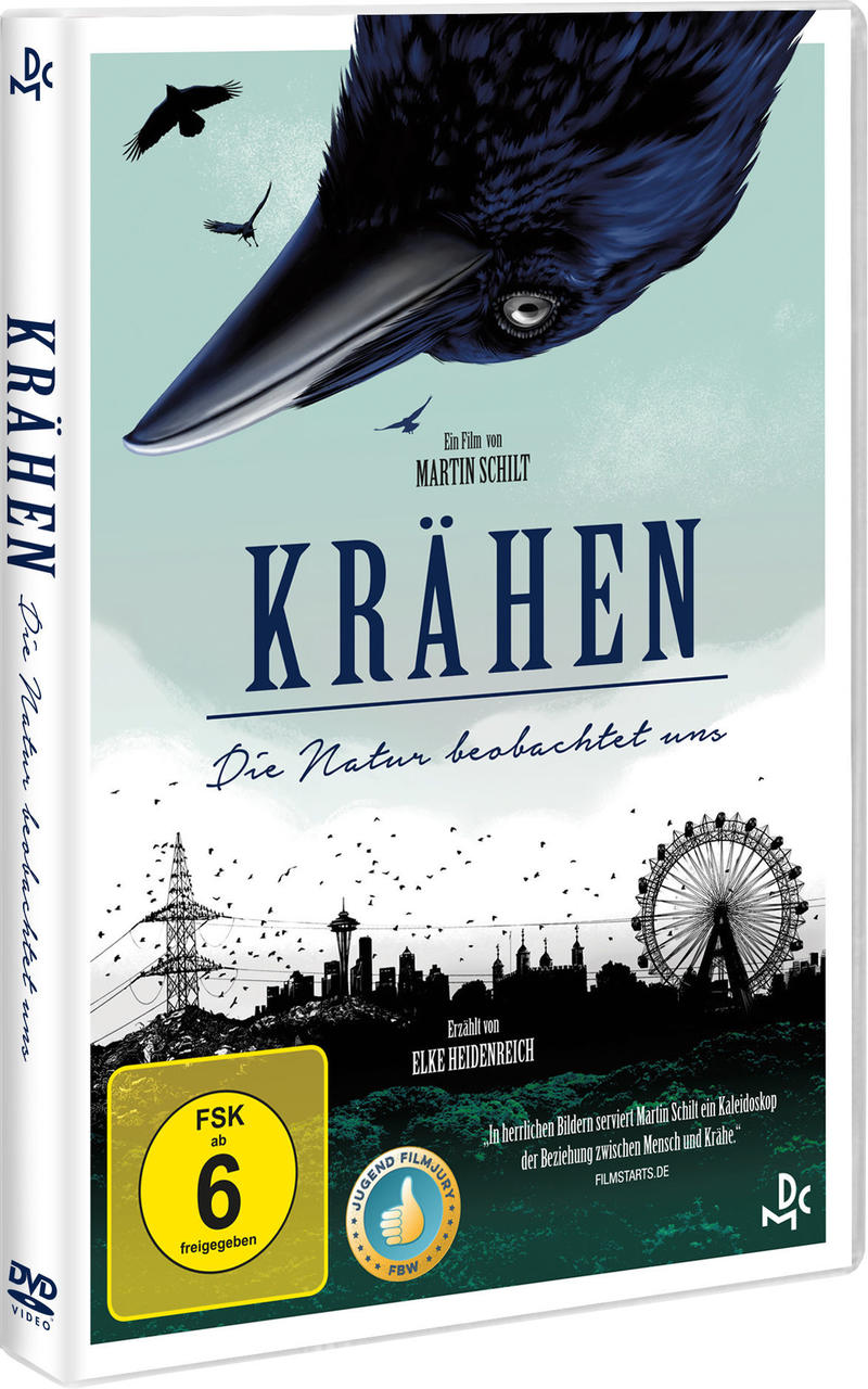 DVD-Hülle für den deutschen Film 'Krähen'. Zeigt eine Krähe, eine Stadt und ein Riesenrad vor blauem Himmel.