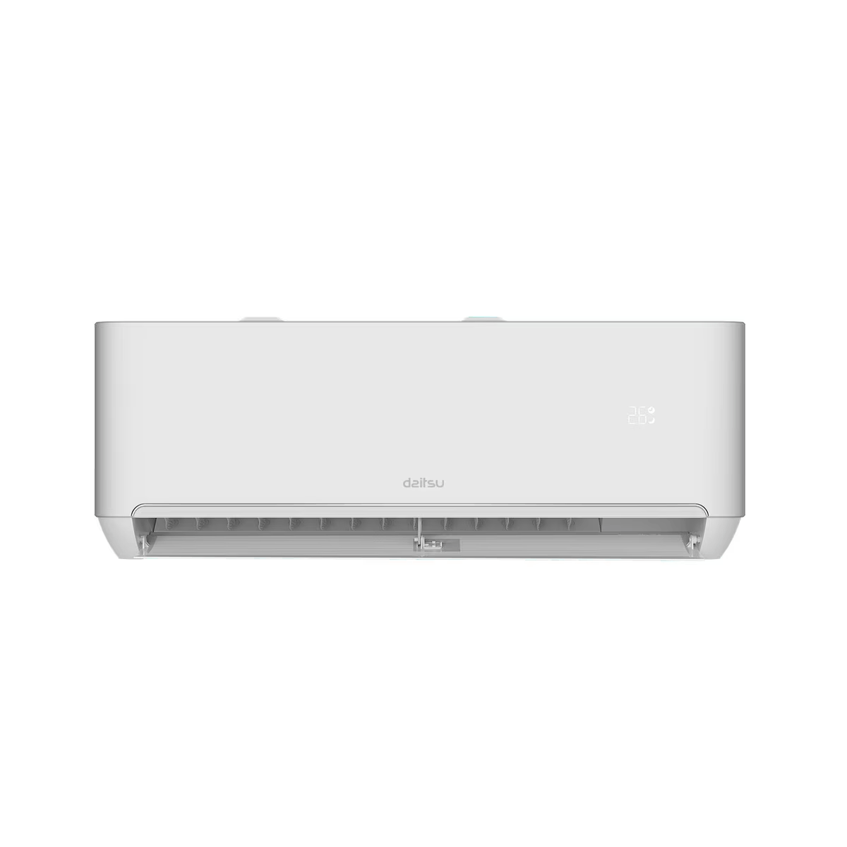Aire acondicionado Daitsu blanco, mostrando el frente. Tiene una pantalla con el número 26.