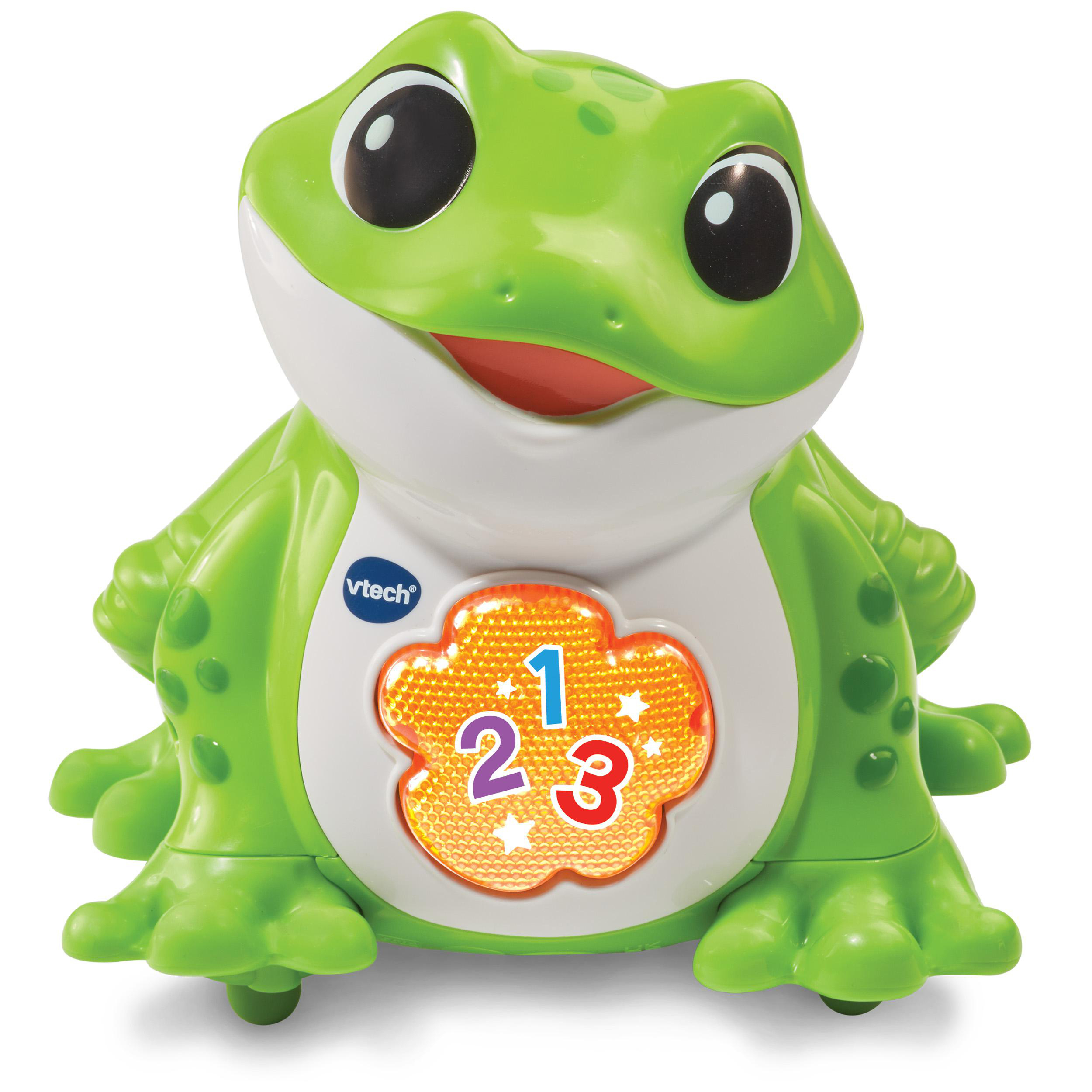 Ein grünes Froschspielzeug mit Zahlen und einem Knopf auf der Brust.