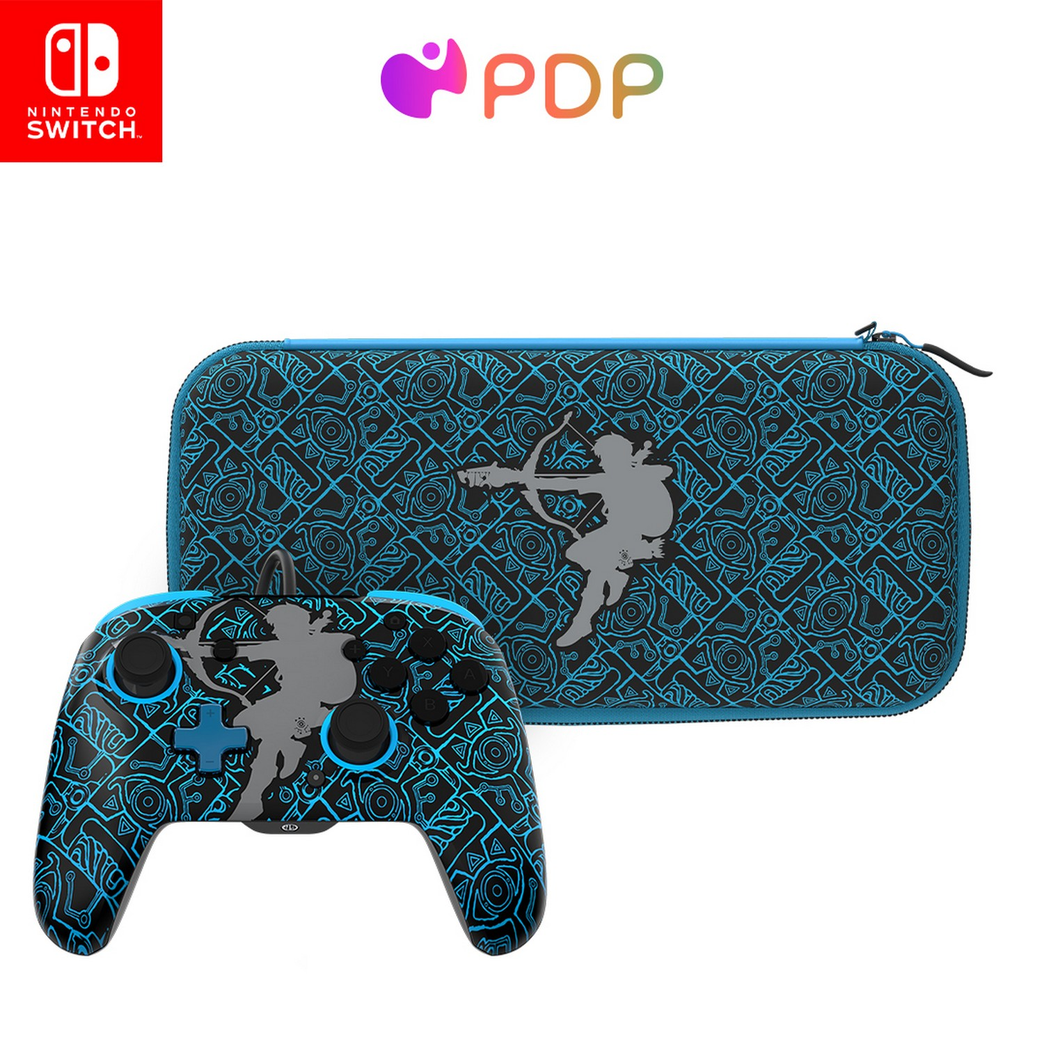 Une manette et un étui de transport PDP Nintendo Switch bleus et noirs, tous deux avec des motifs.