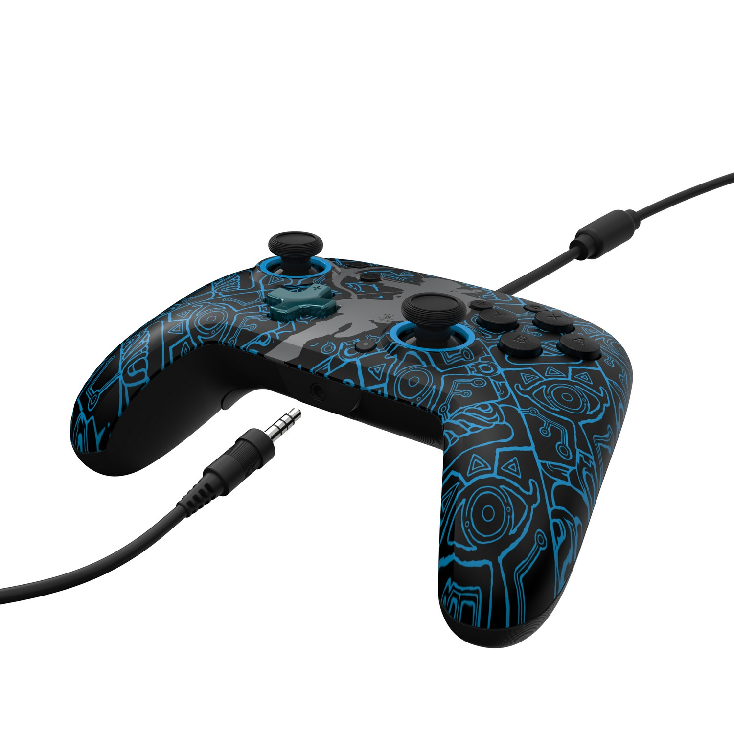 Manette noire et bleue avec boutons et joysticks, reliée à un câble noir sur fond blanc.