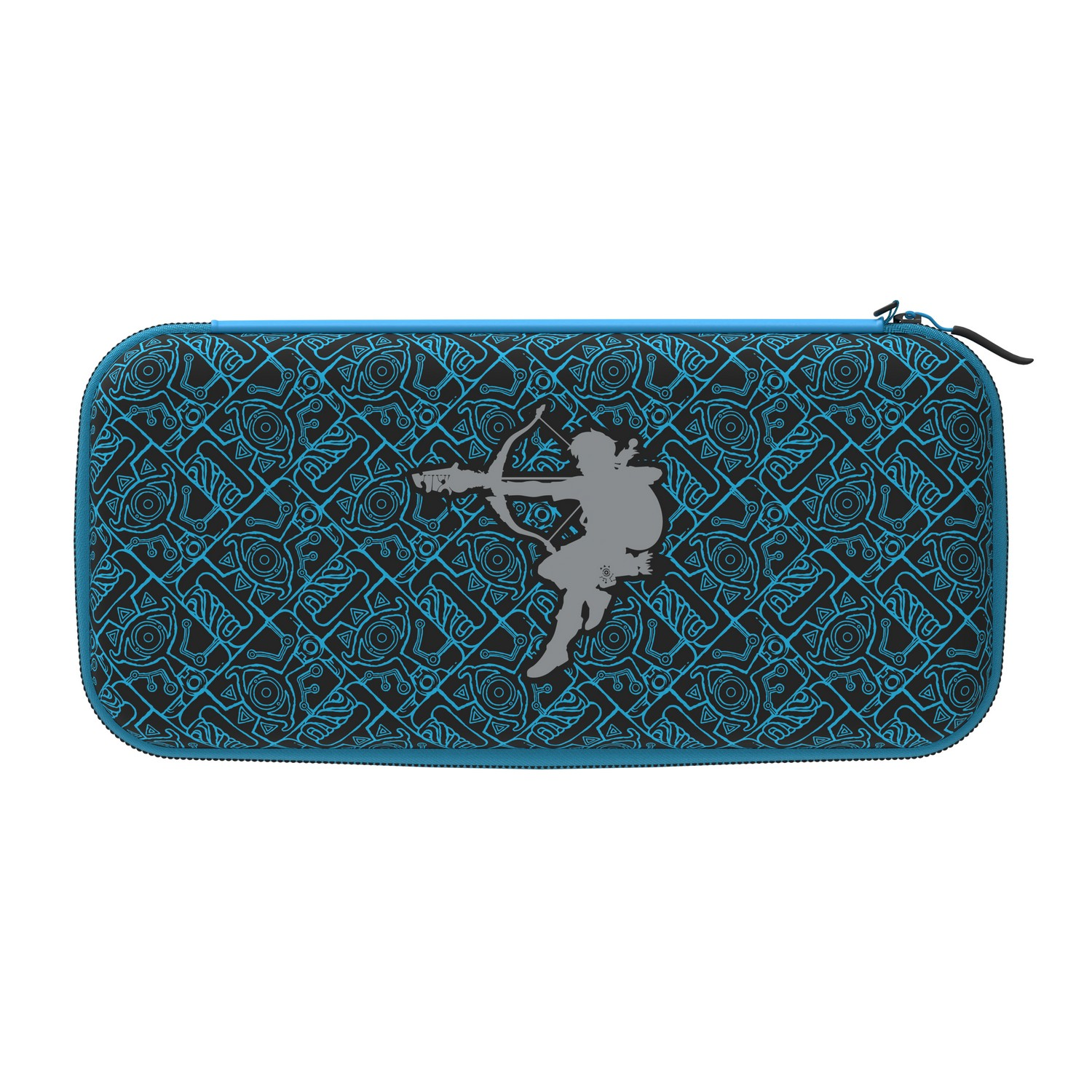 Étui bleu et noir pour console de jeu. Silhouette d'une figure avec un arc et une flèche.