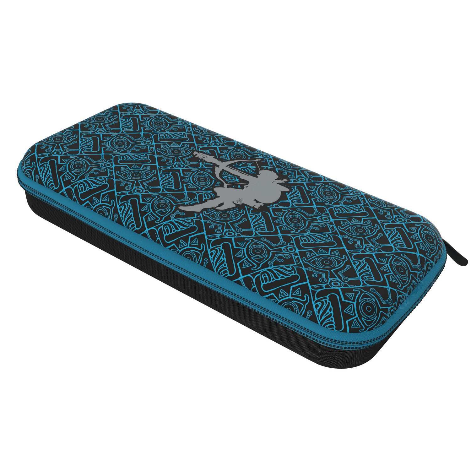 Une housse Nintendo Switch. L'étui a un motif bleu et noir et une fermeture éclair noire.