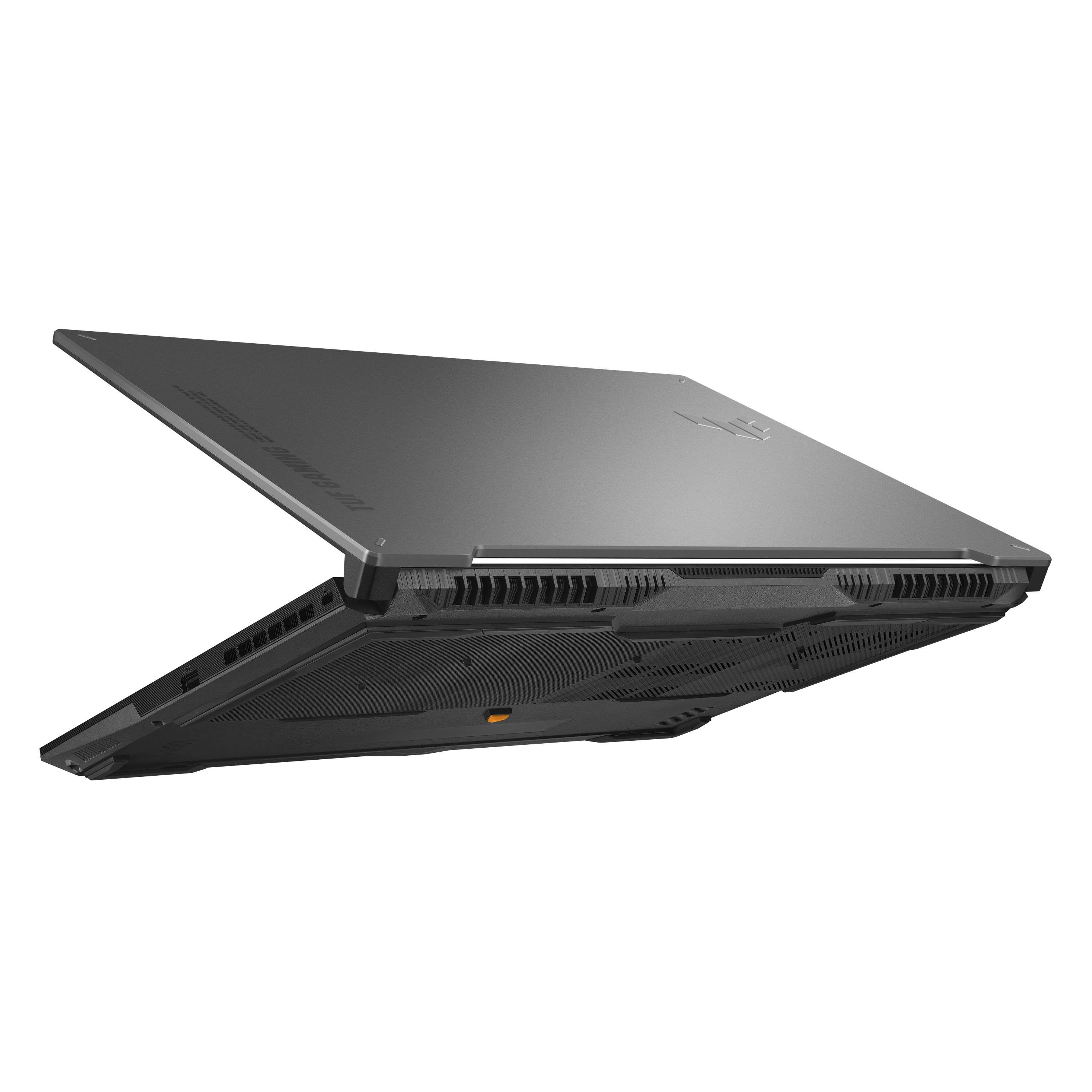 Ein schwarzer Laptop, leicht geöffnet, mit der Unterseite zum Betrachter, vor weißem Hintergrund.