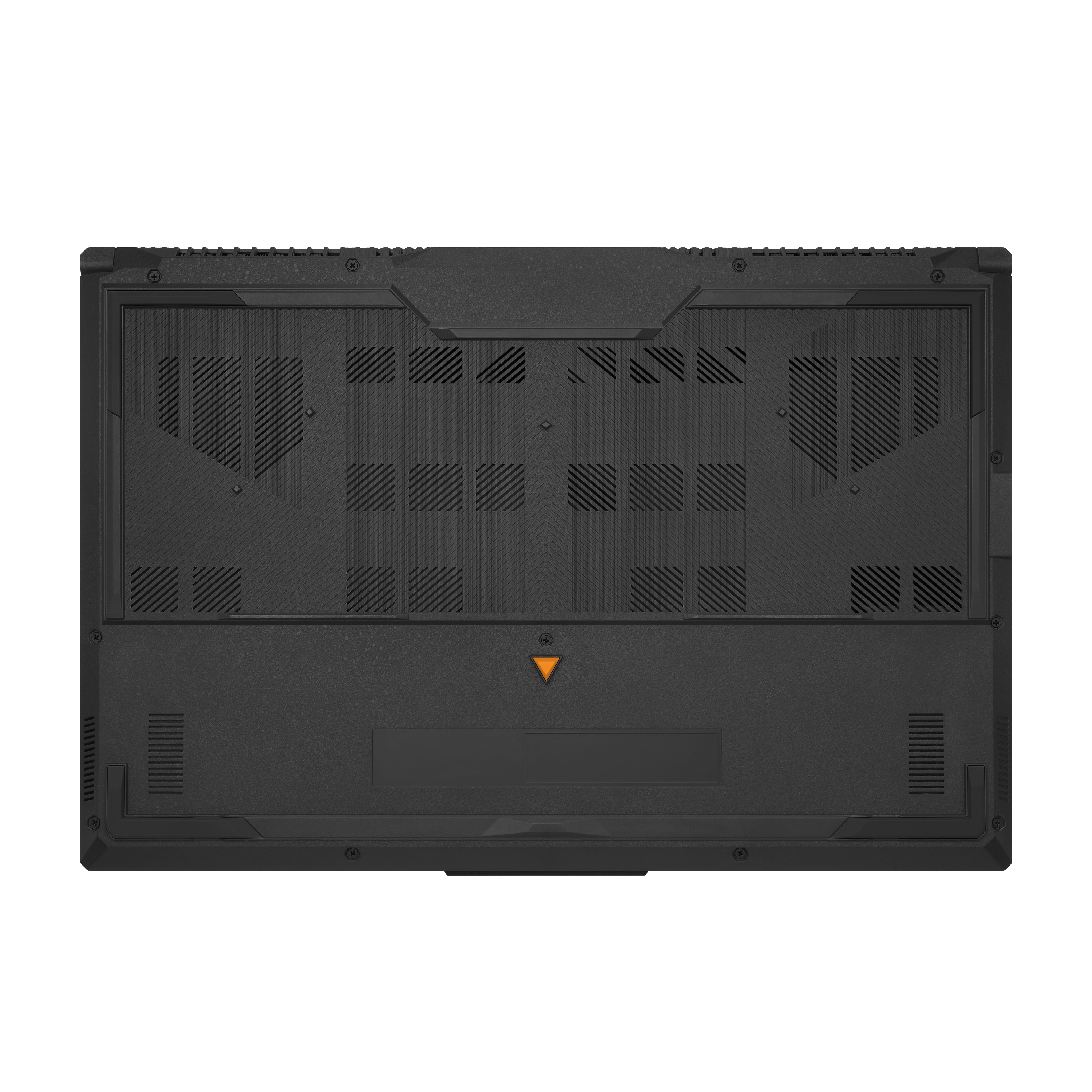 Die Unterseite eines schwarzen Laptops mit Belüftung und TUF-Logo, auf weißem Hintergrund.