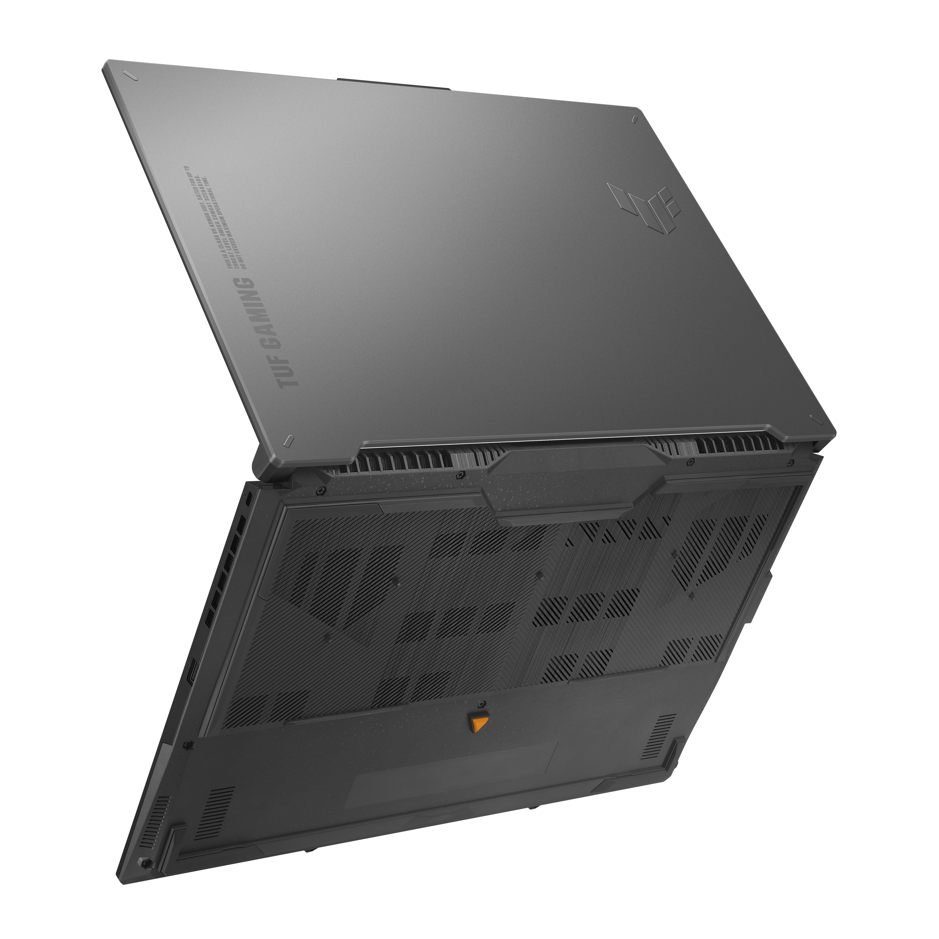 Grauer Laptop, leicht geöffnet, angewinkelt. Schwarze Lüftungsschlitze sichtbar. TUF GAMING-Text oben.
