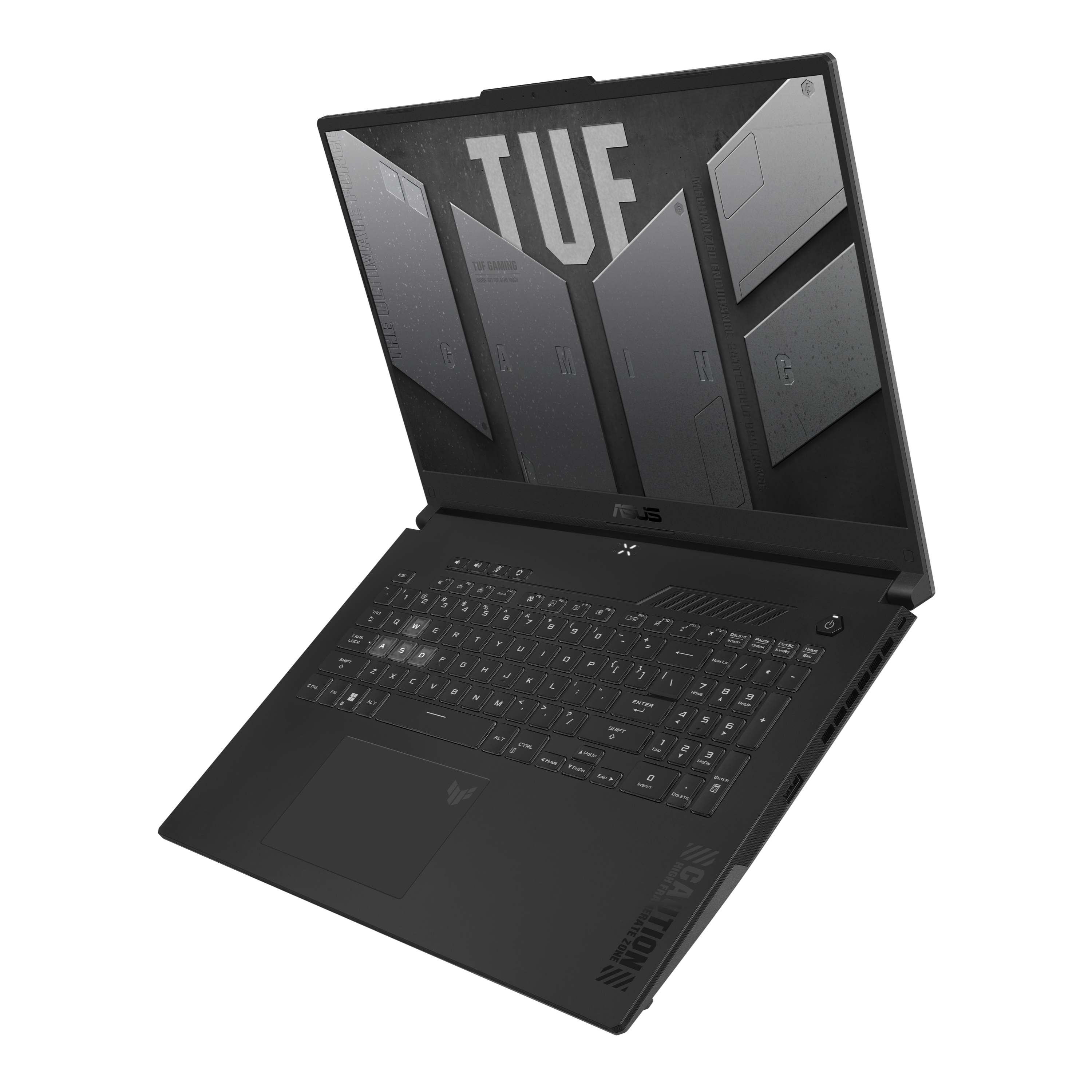 Ein schwarzer Laptop mit geöffnetem, beleuchtetem Bildschirm. Er hat eine Tastatur und ein Touchpad.