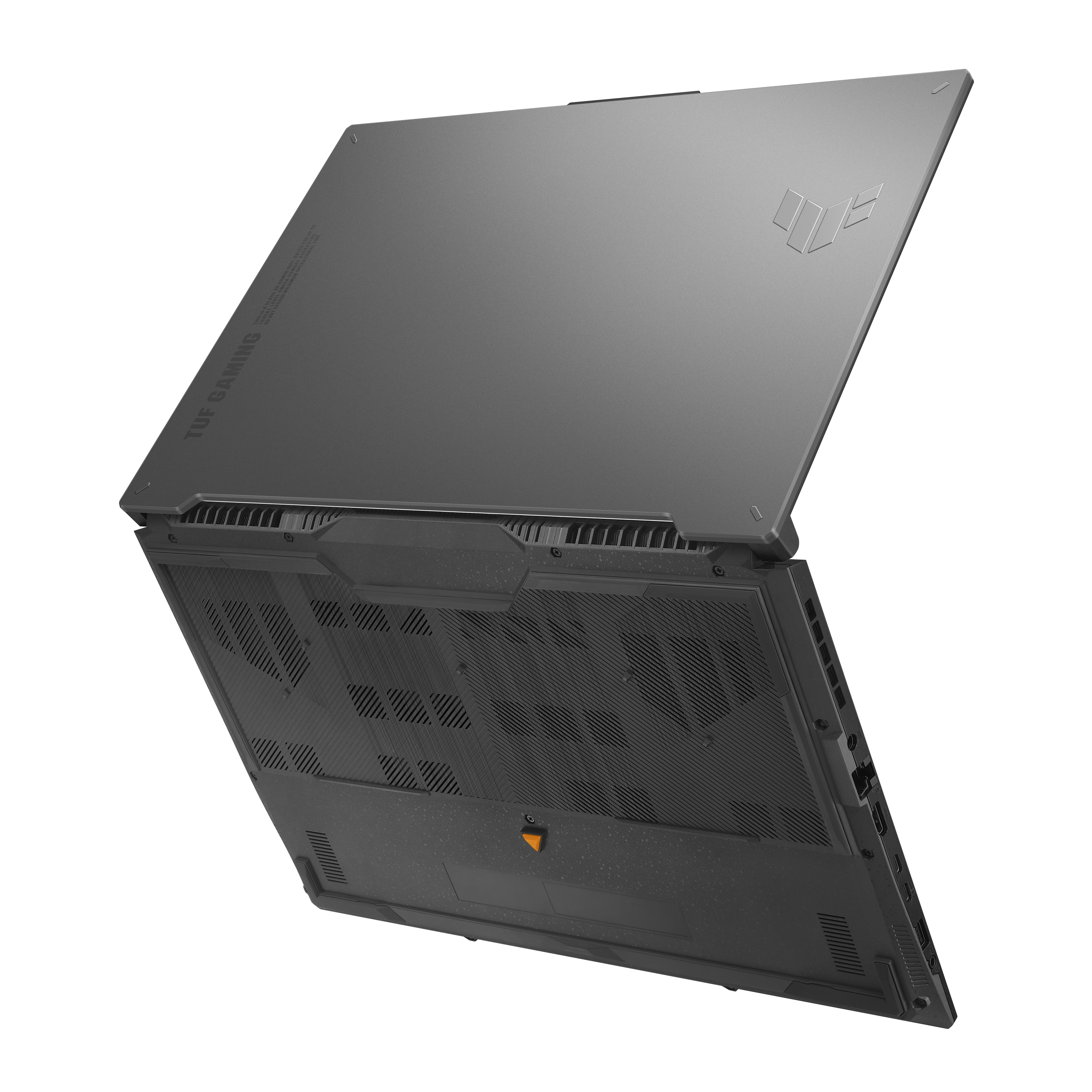 Grauer Laptop, schräg geöffnet, mit ASUS TUF GAMING Logo. Weißer Hintergrund.