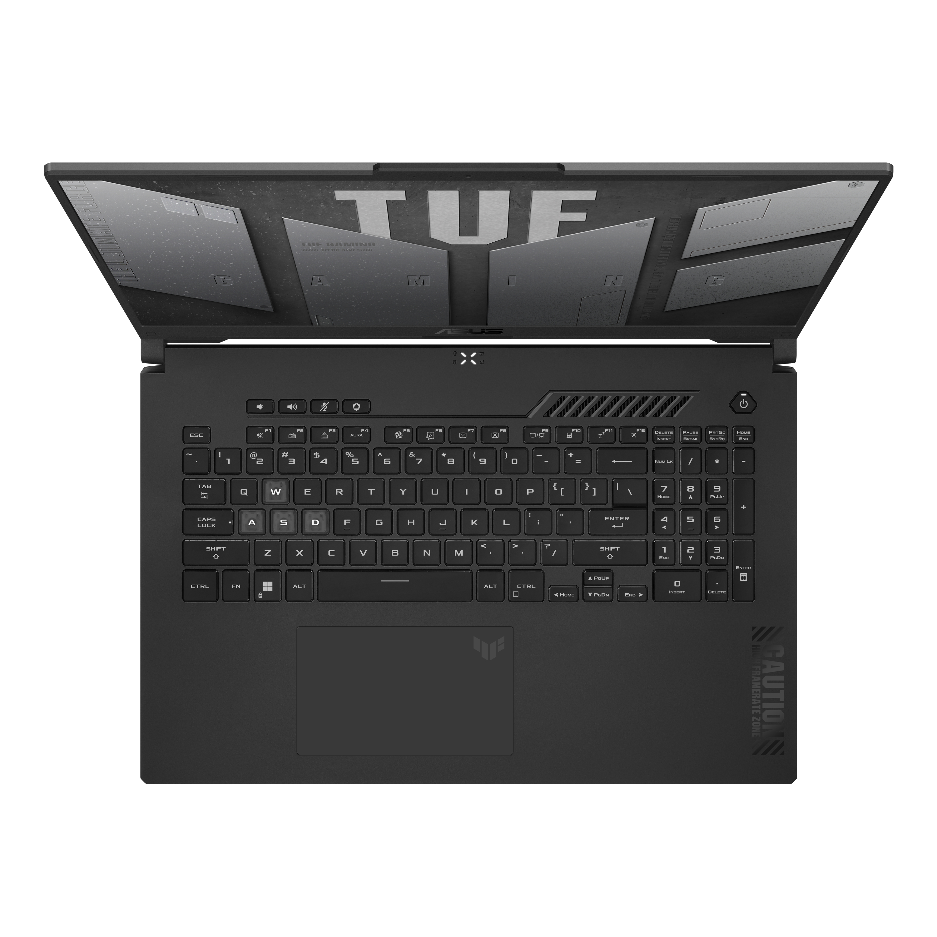 Ein schwarzer Laptop, bei dem die Tastatur sichtbar ist, mit dem TUF-Logo und Vorsichtstext.