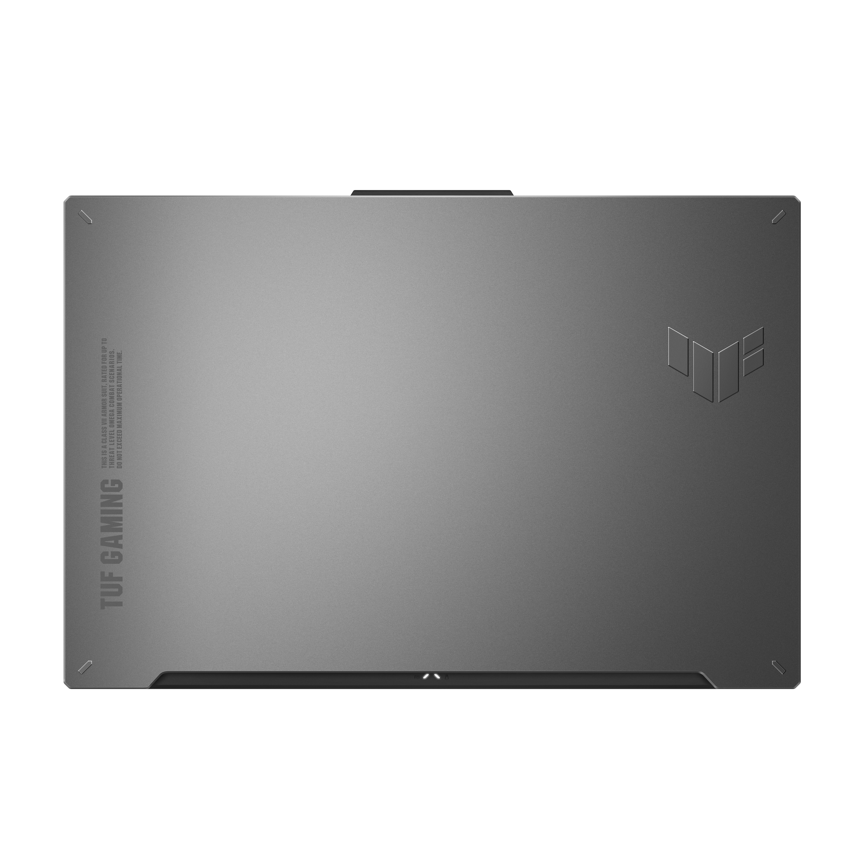 Draufsicht auf einen Laptop mit grauem Finish und dem Markennamen TUF GAMING.