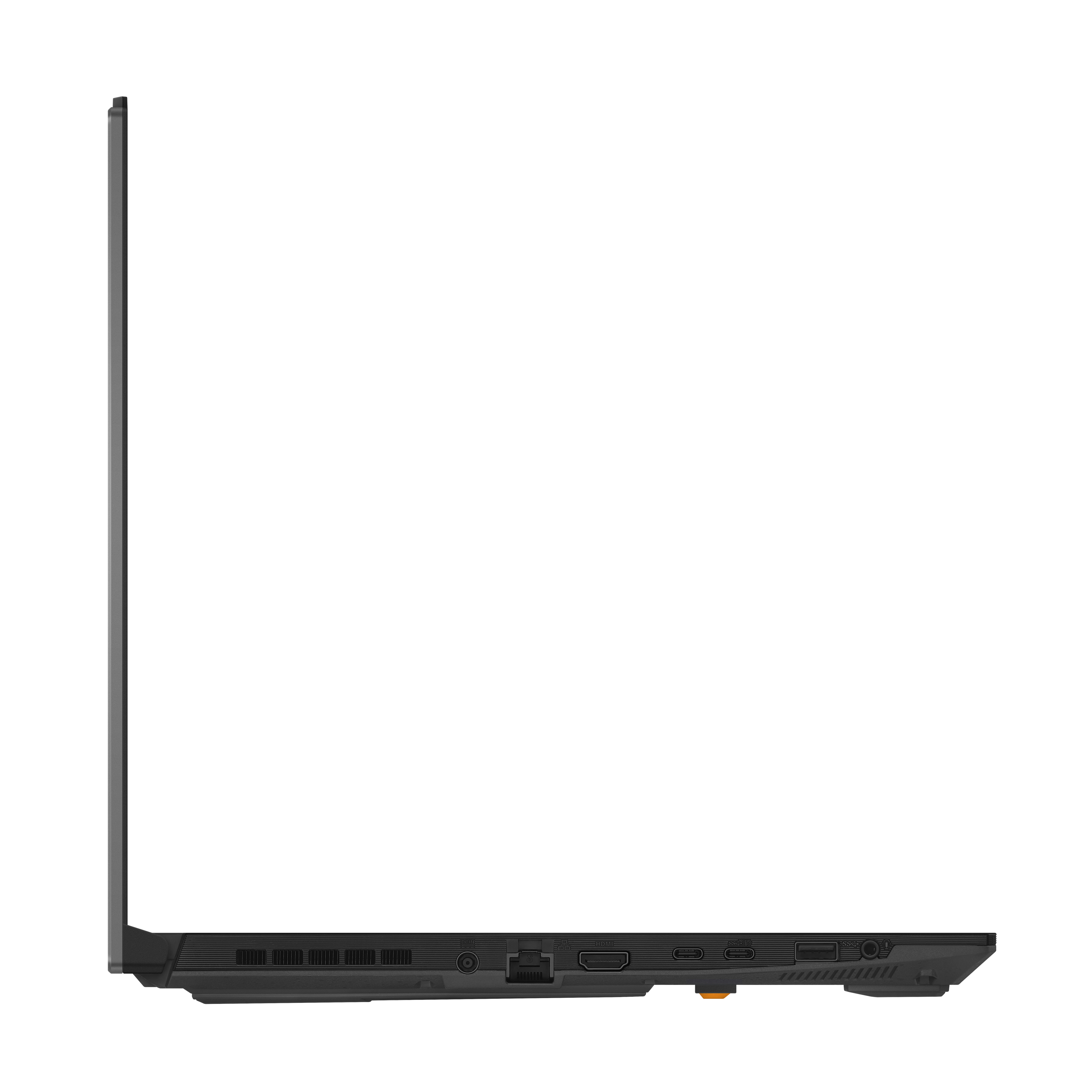 Ein schwarzer Laptop mit Seitenansicht auf weißem Hintergrund.