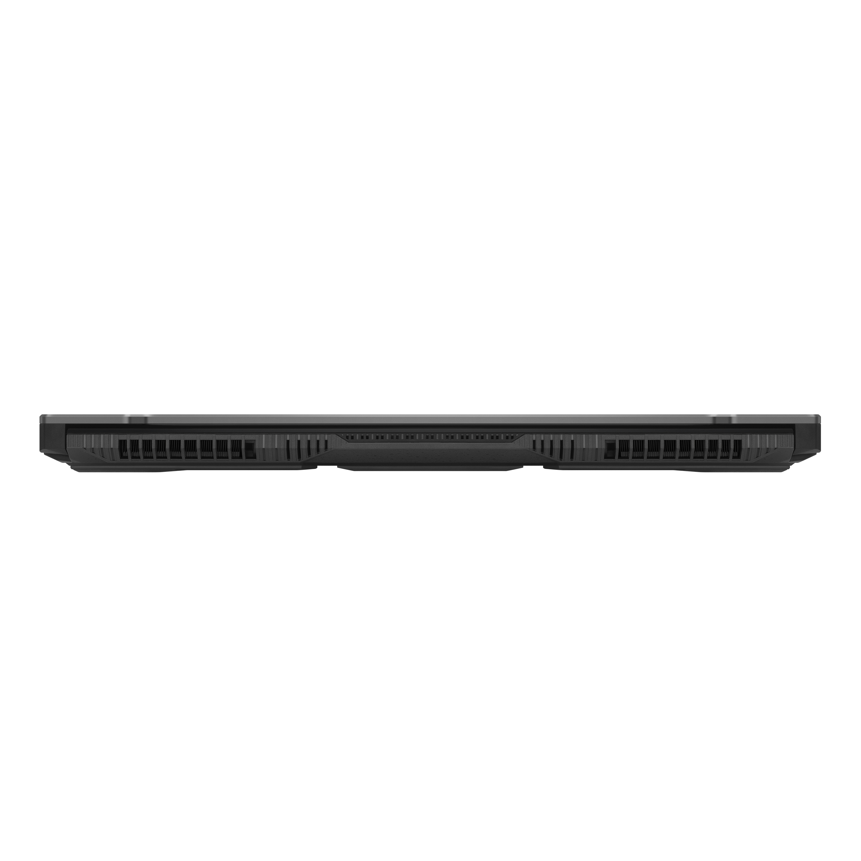 Die Unterseite eines schwarzen Laptops mit Lüftungsschlitzen und einer glatten, dunklen Oberfläche vor weißem Hintergrund.