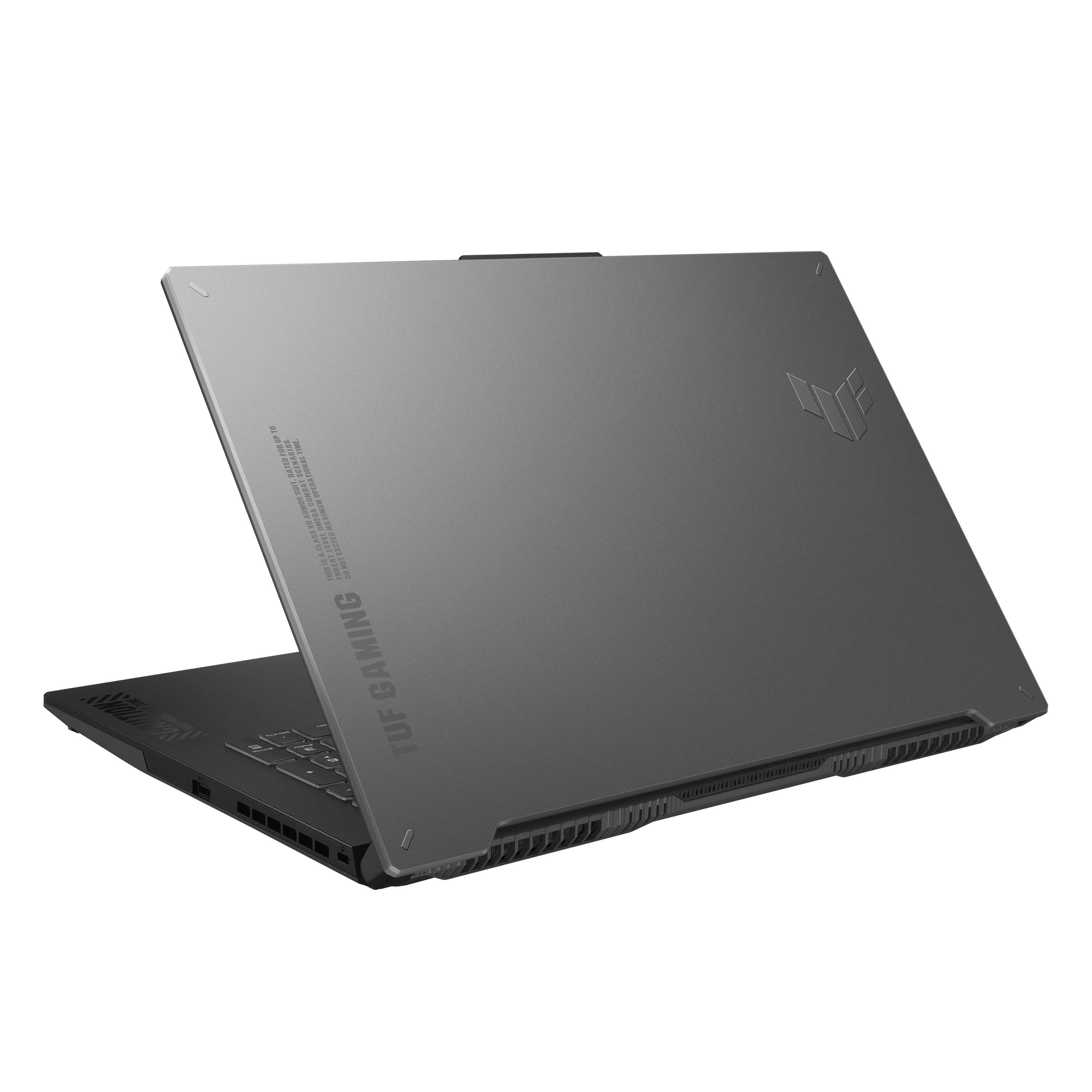 Laptop, Rückansicht, abgewinkelt. Der Bildschirm ist geschlossen. Das Logo ist oben.