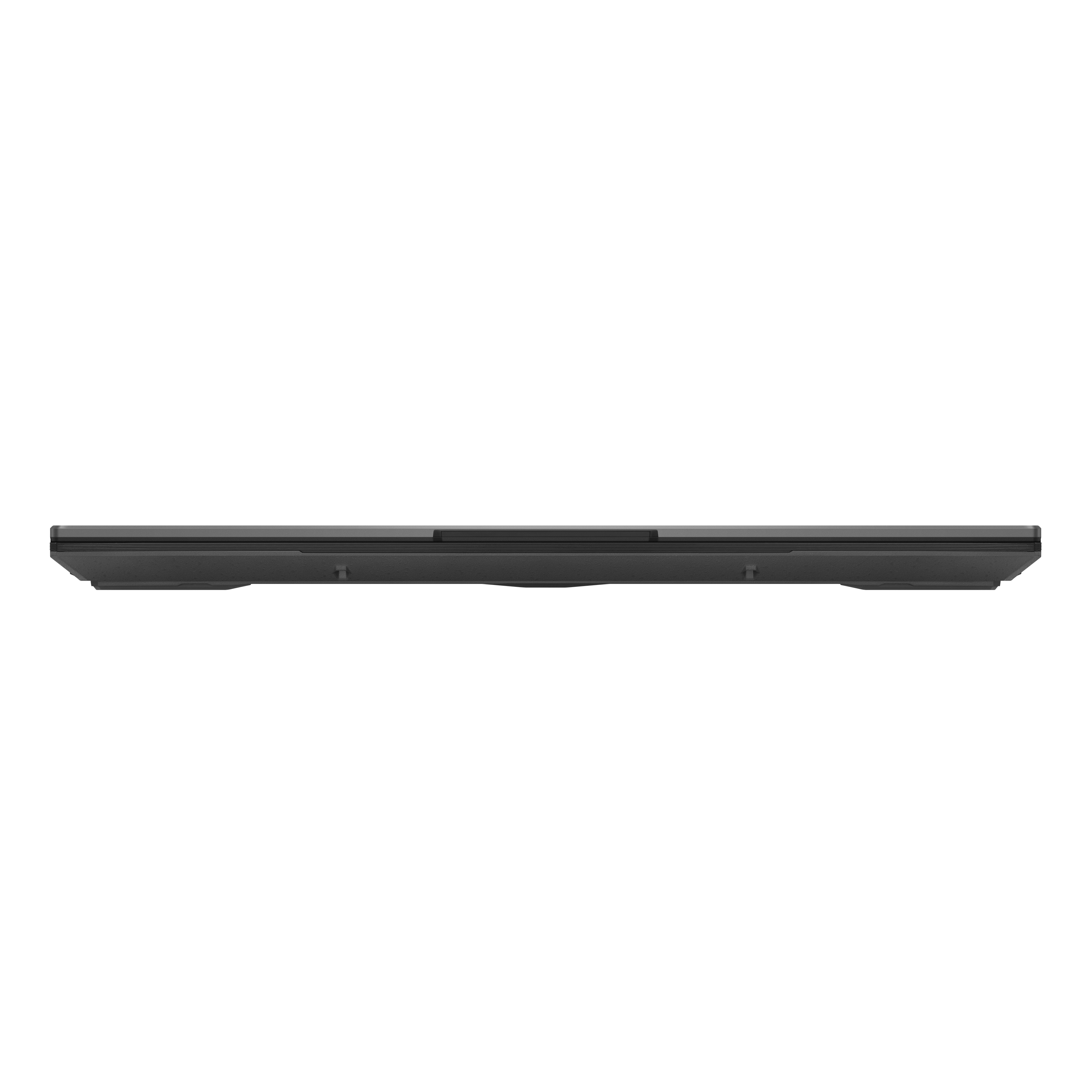 Die Unteransicht eines schwarzen Laptops, die die Unterseite und die Belüftungsöffnungen zeigt.