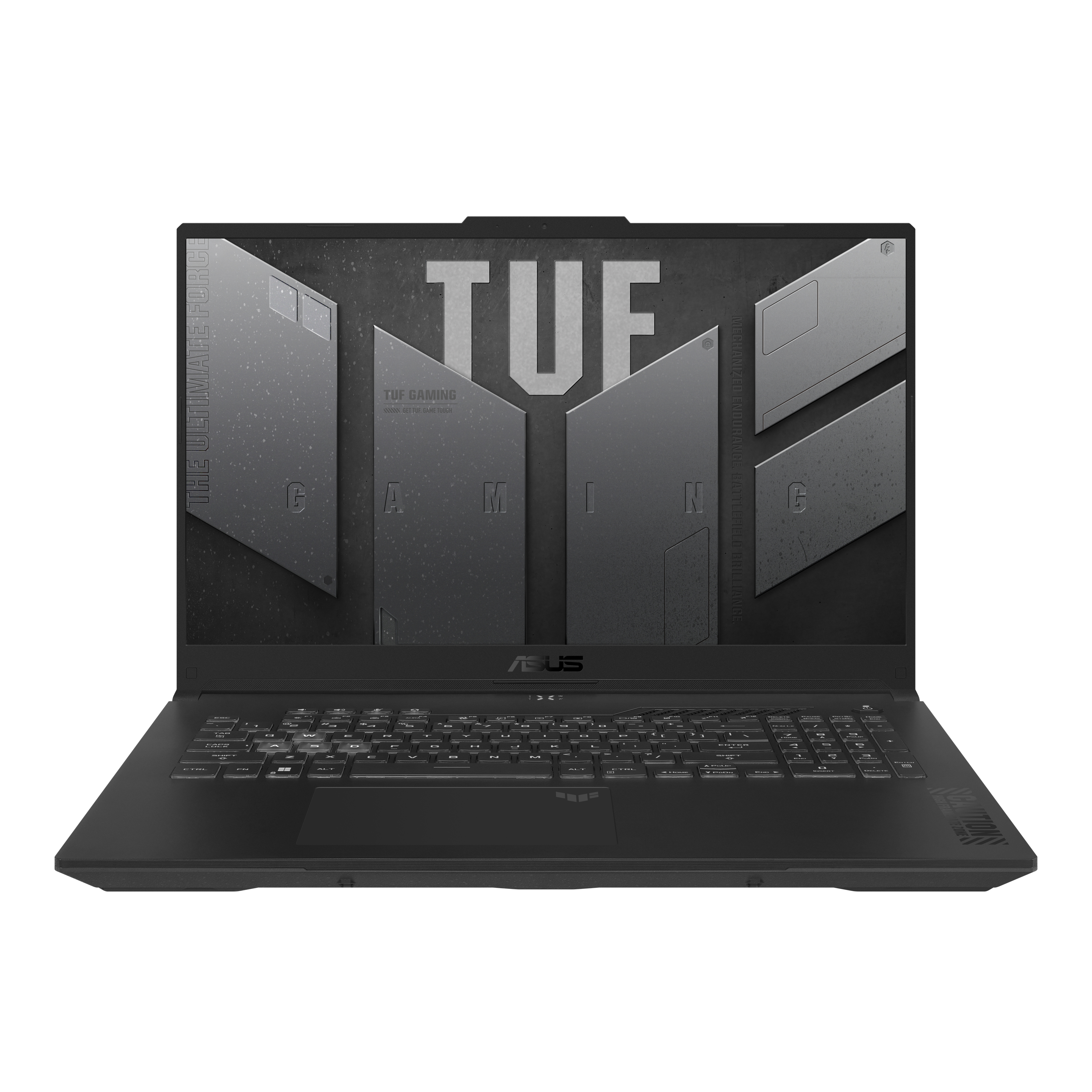 Schwarzer Laptop mit einem Logo auf dem Bildschirm. Die Tastatur ist sichtbar. Der Hintergrund ist weiß.