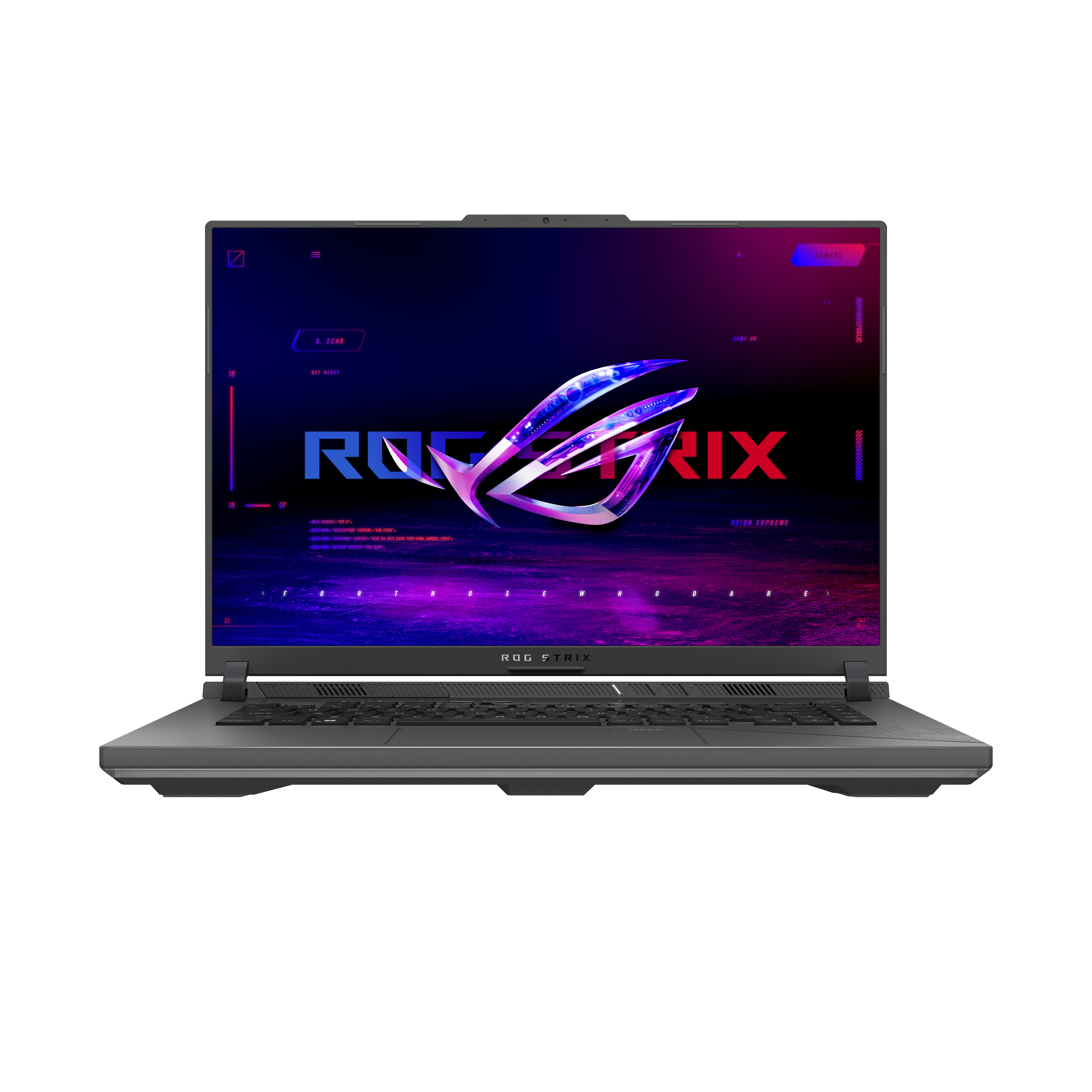 Ein grauer Laptop mit farbenfrohem Bildschirm. Der Bildschirm zeigt das ROG Strix-Logo.
