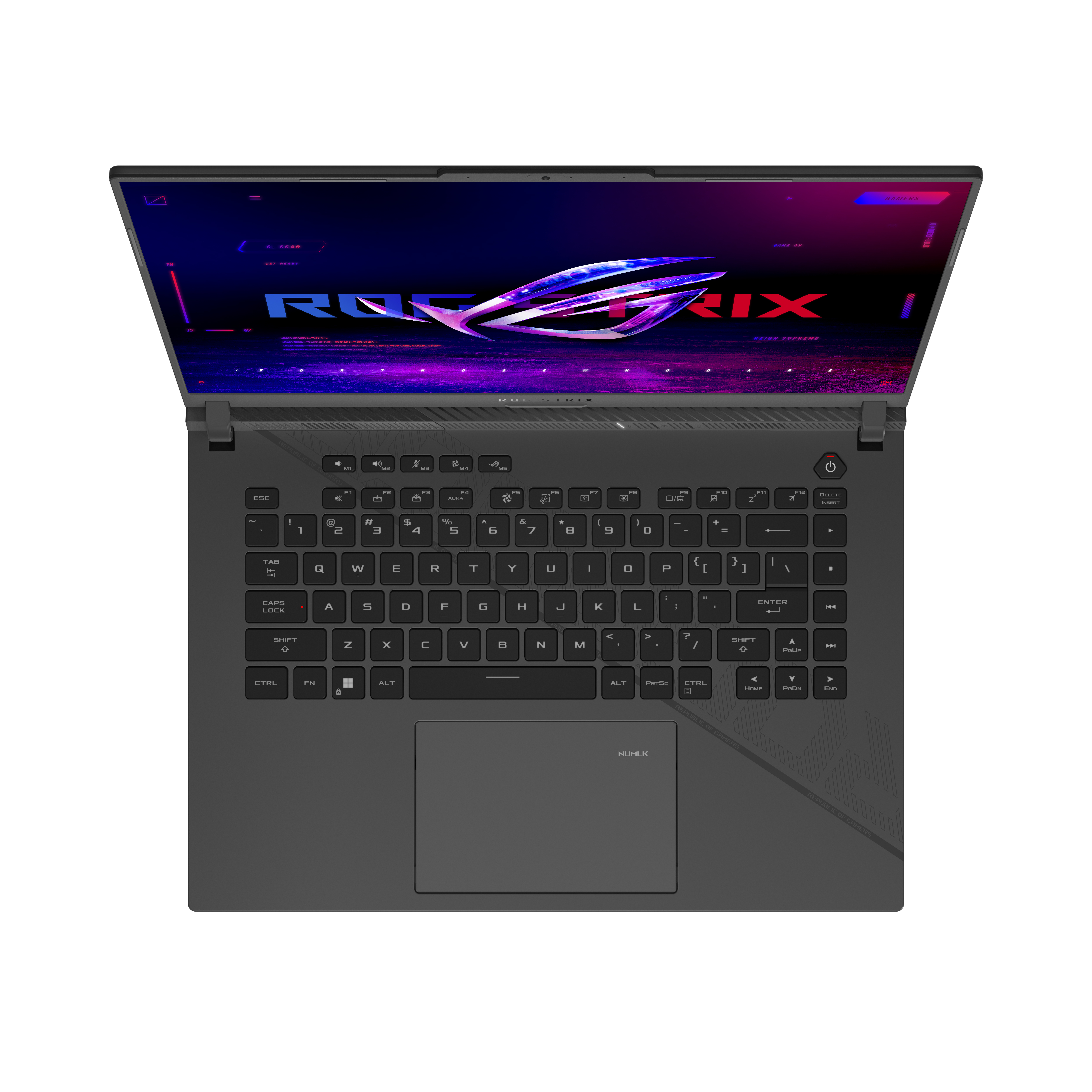 Eine Laptop-Tastatur und ein Touchpad, offen auf einem Schreibtisch. Der Bildschirm zeigt Grafiken.