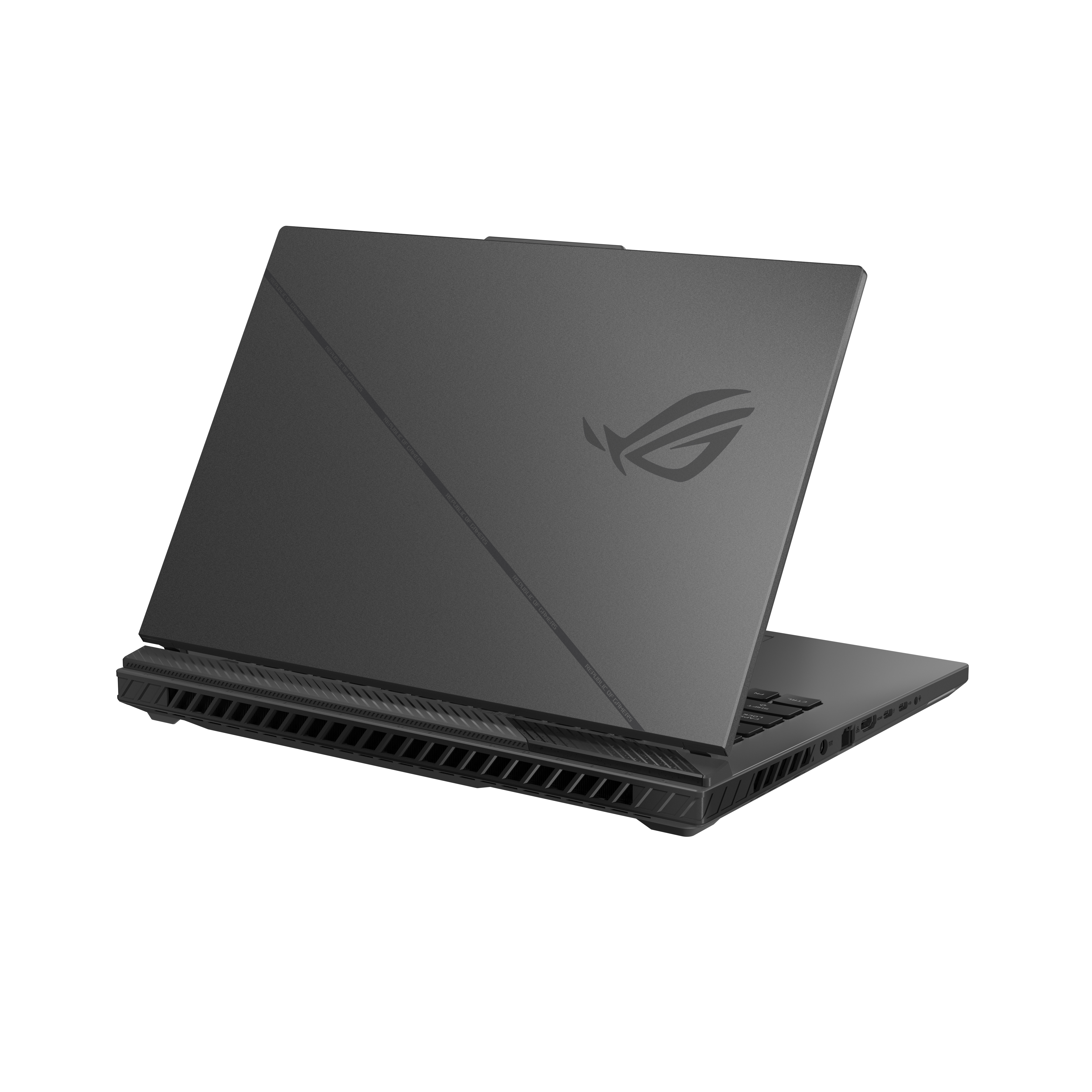 Rückseite des Laptops. Dunkelgrau mit Logo, diagonale Linie. Weißer Hintergrund.