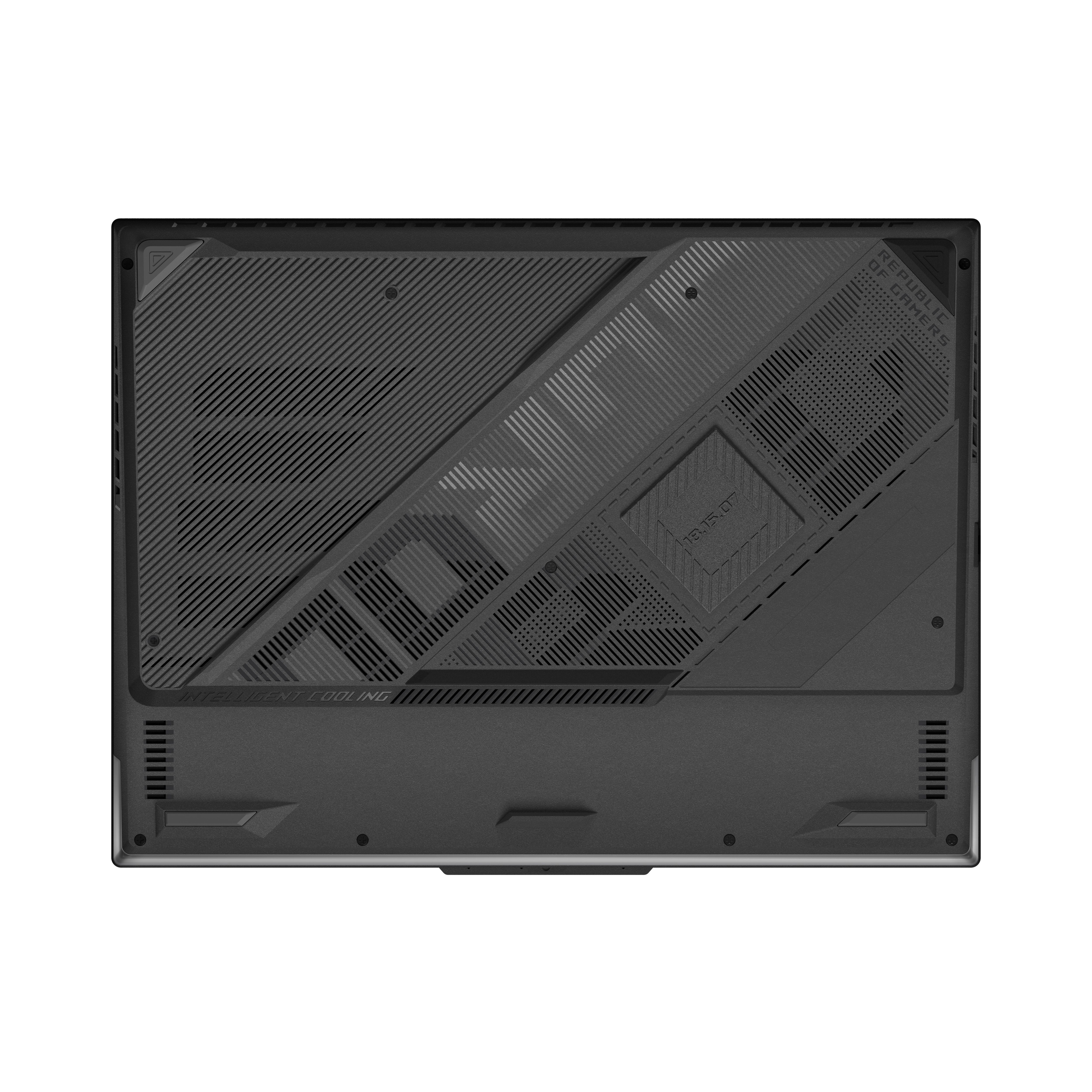 Unteransicht eines schwarzen Laptops. Es hat Lüftungsschlitze und Designelemente.