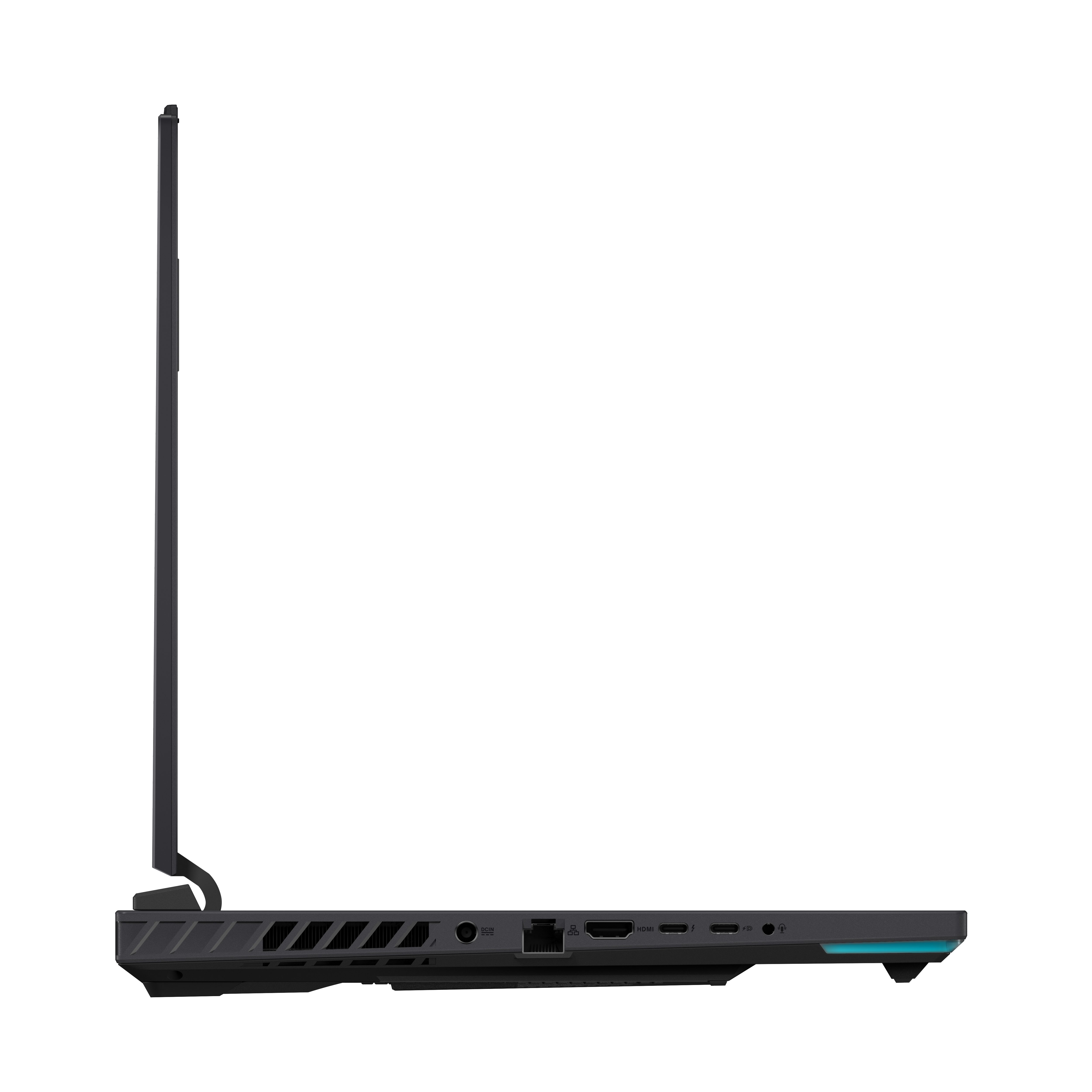 Seitenansicht eines schwarzen Laptops, geöffnet. Der Bildschirm ist oben, und die Anschlüsse sind sichtbar.