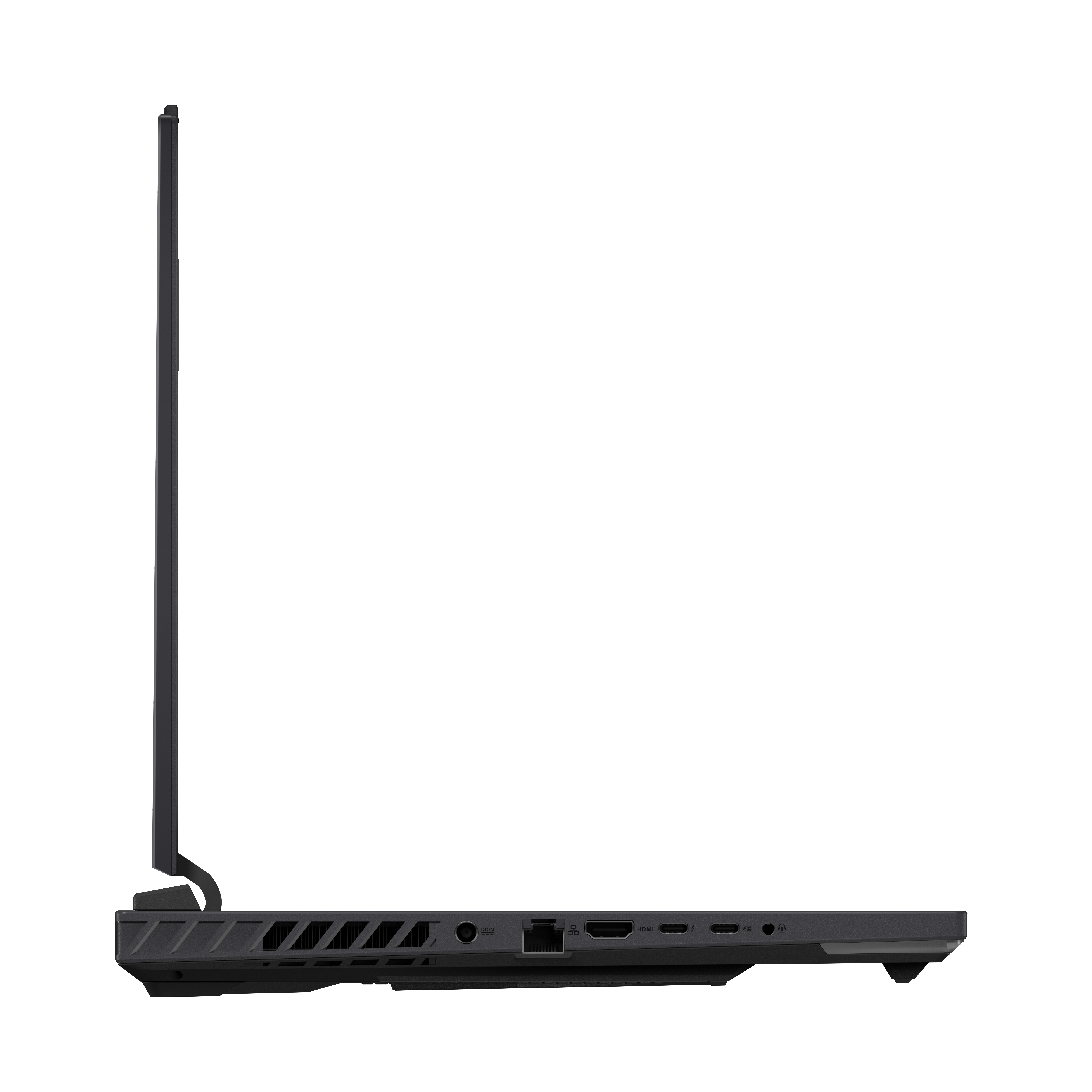Seitenansicht eines Laptops mit dunkelgrauem Gehäuse, geöffnet, mit Anschlüssen und Bildschirm.