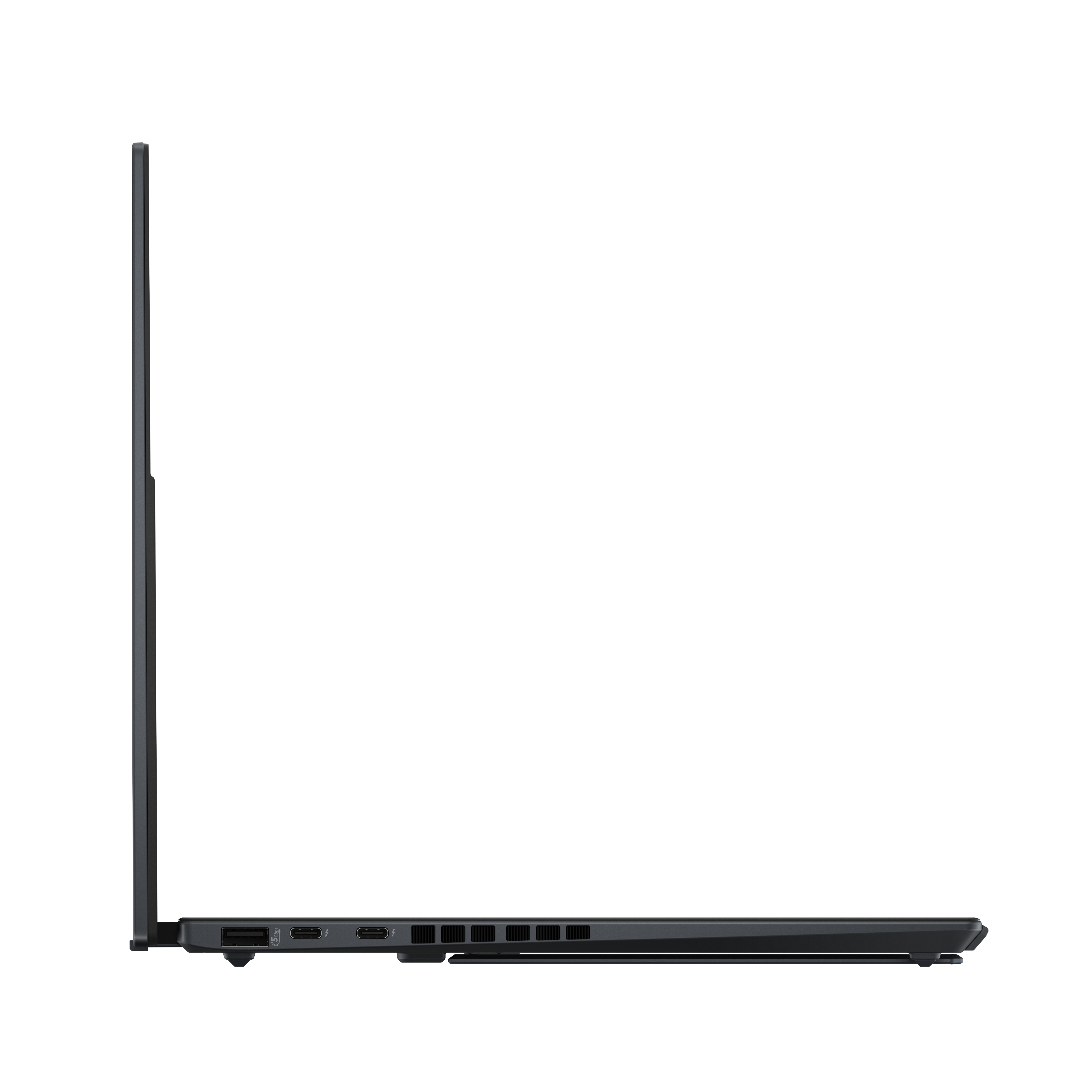Seitenansicht eines dünnen, schwarzen Laptops. Es zeigt die Anschlüsse und das schlanke Profil des Geräts.