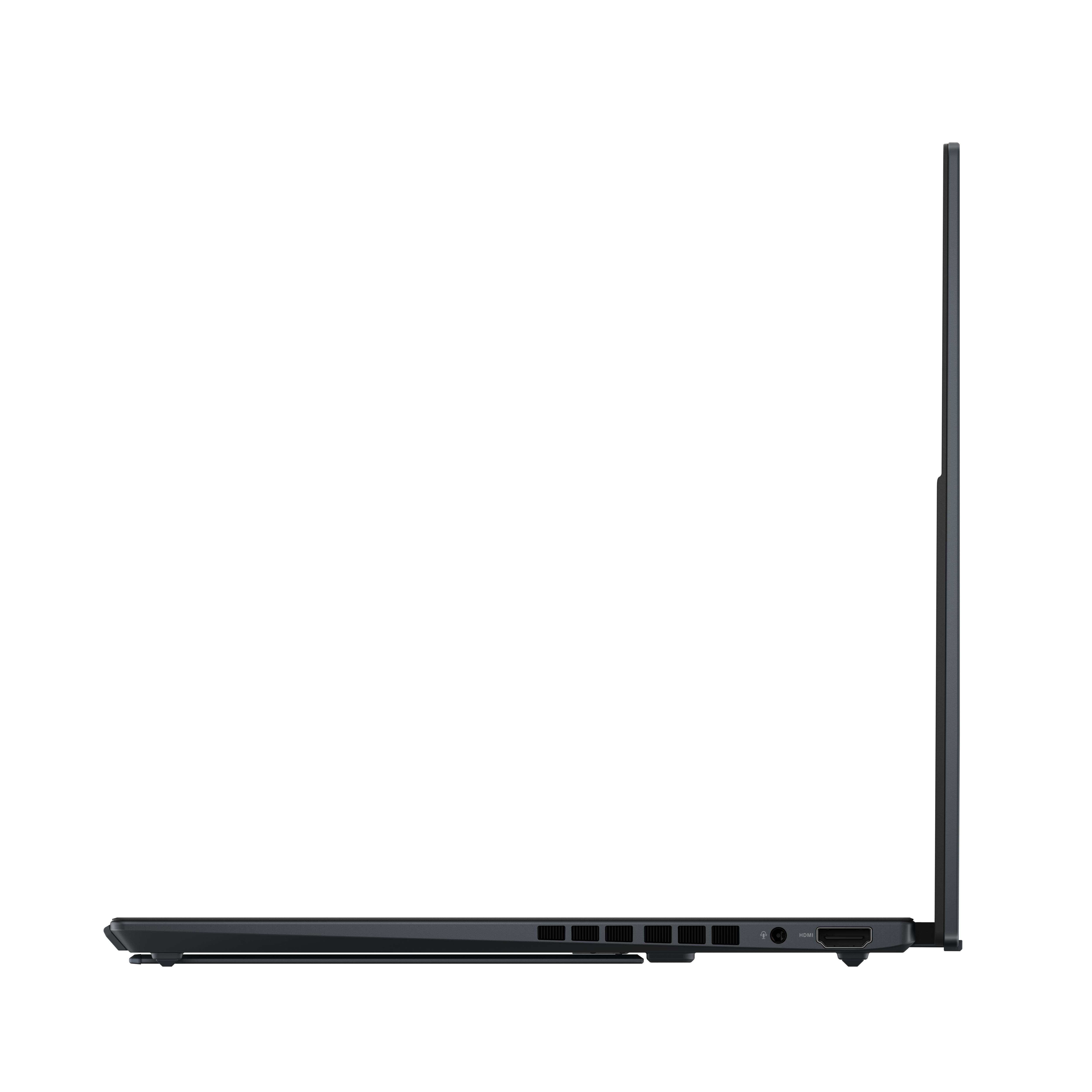 Seitenansicht eines schwarzen Laptops mit Anschlüssen. Laptop ist geschlossen.