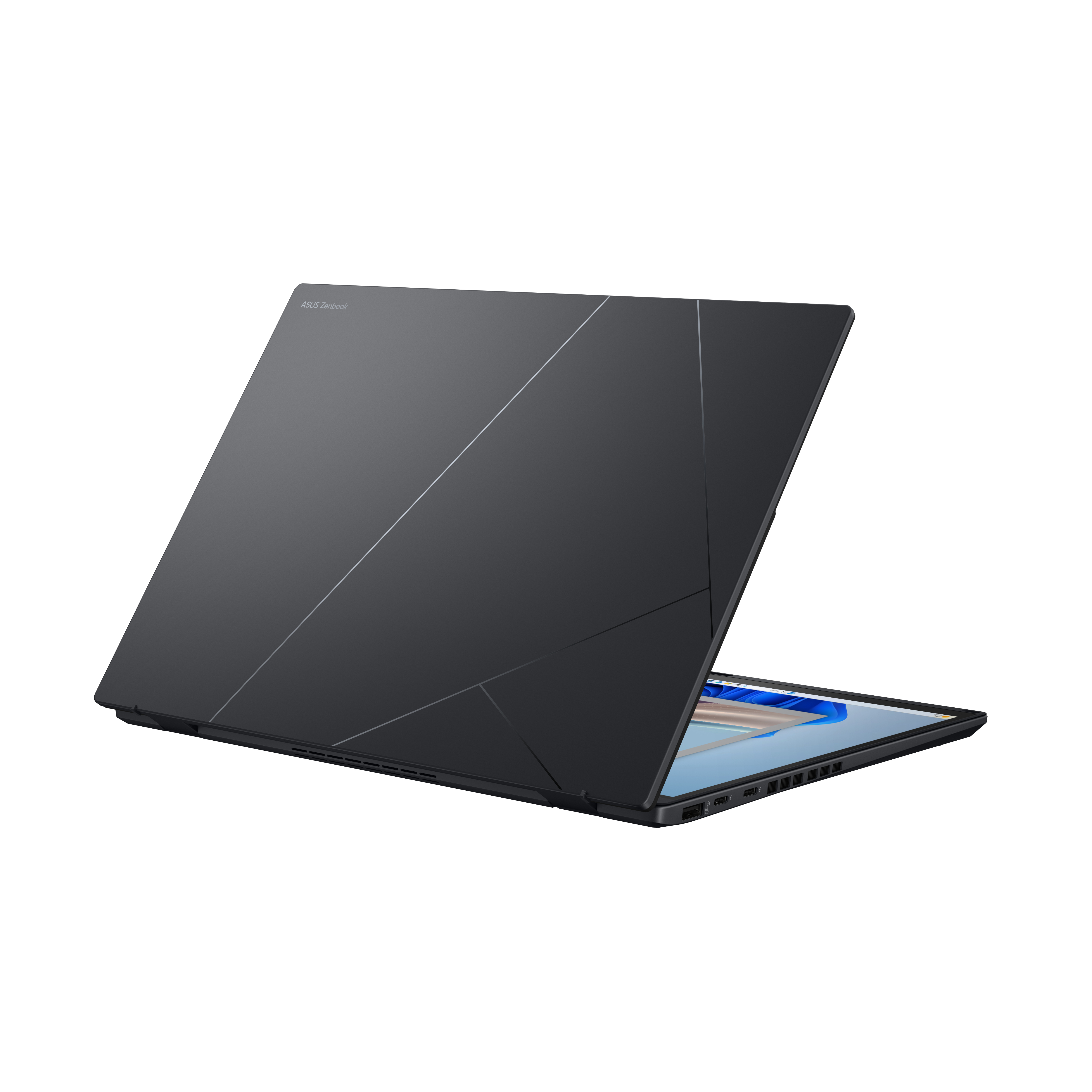 Schwarzer Laptop, geöffnet. Asus Zenbook Logo auf der Rückseite. Weißer Hintergrund.