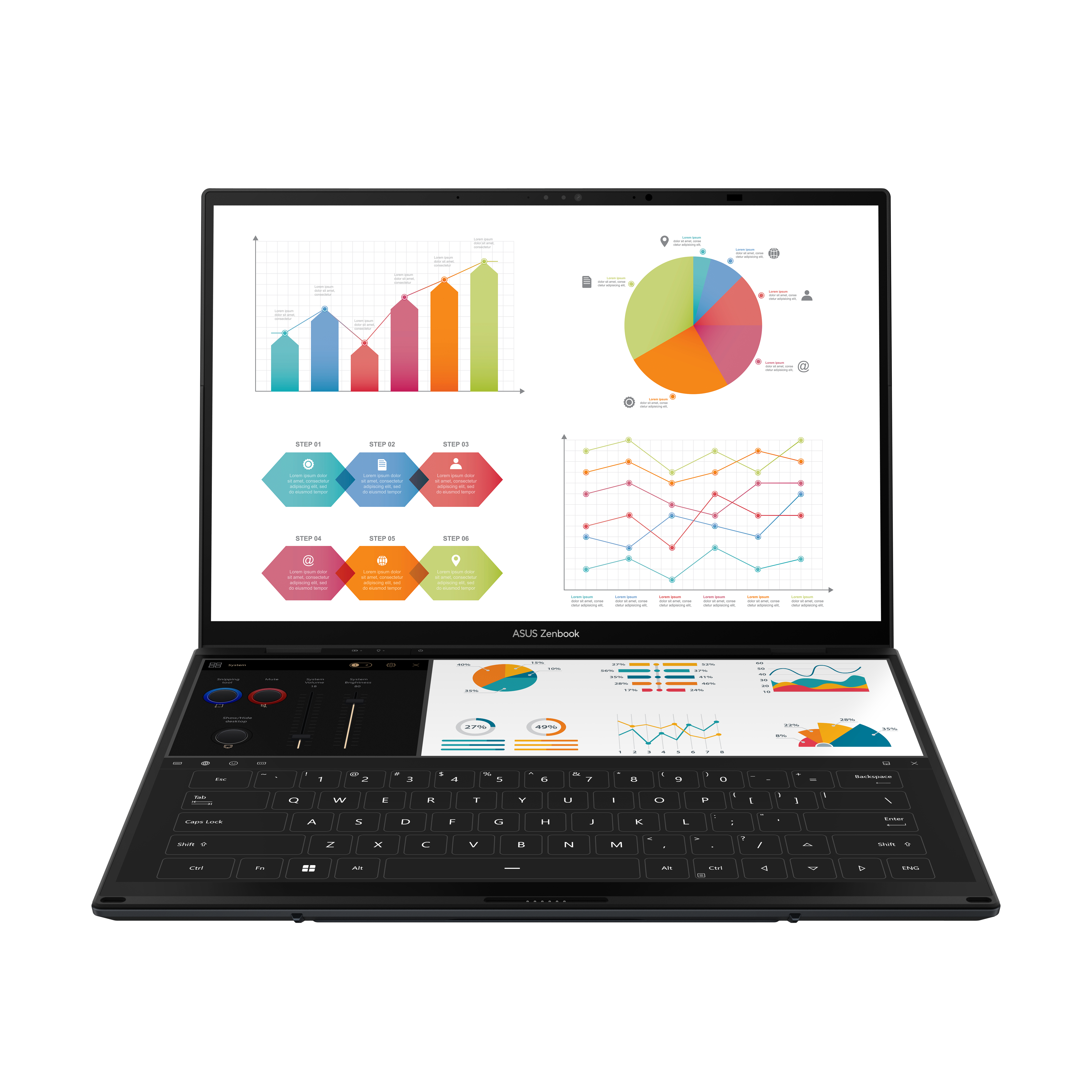 Schwarzer Laptop geöffnet, zeigt Diagramme und Daten. Die Tastatur ist unter dem Bildschirm sichtbar.