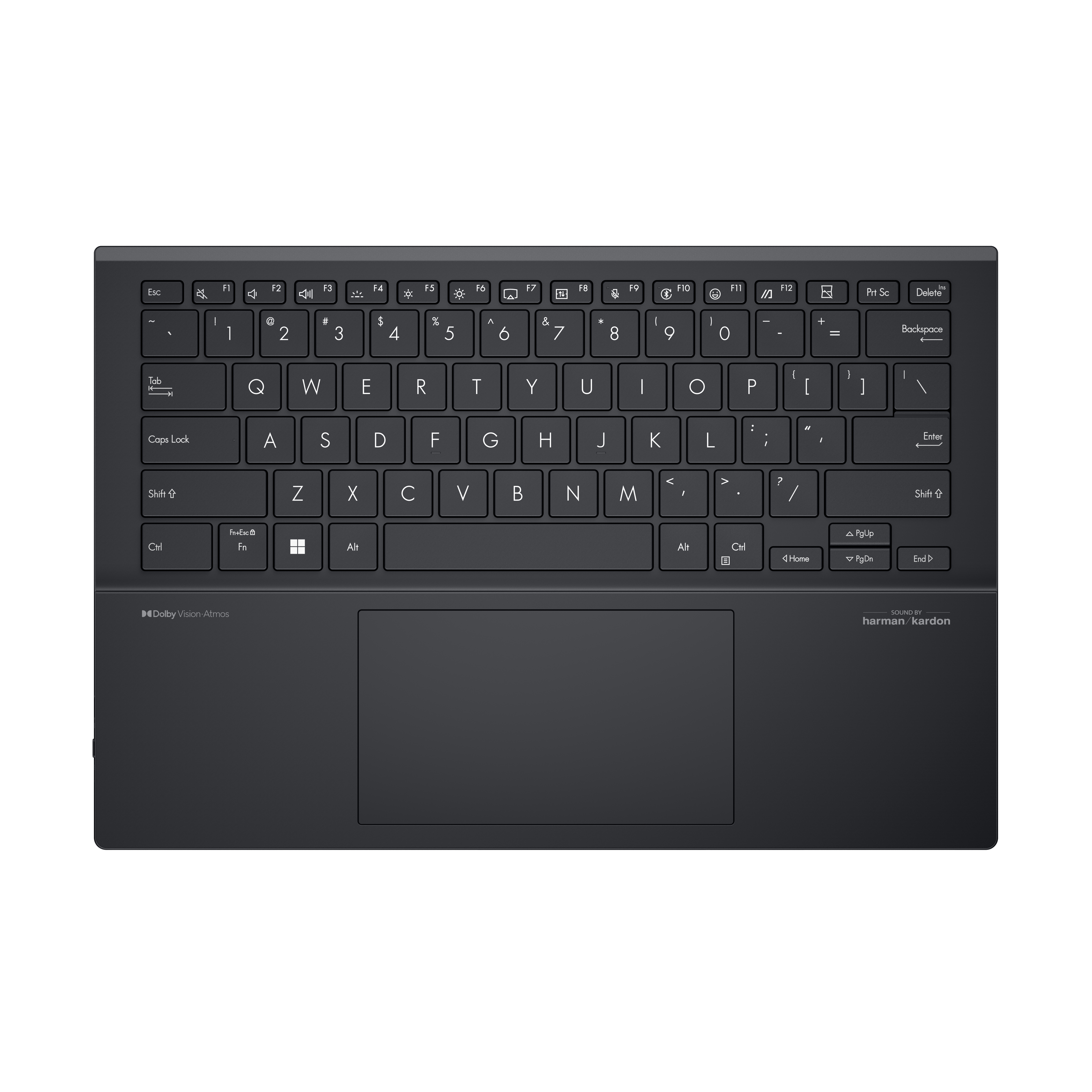 Schwarze Laptop-Tastatur, Draufsicht. Enthält Tasten, Touchpad und Logos.