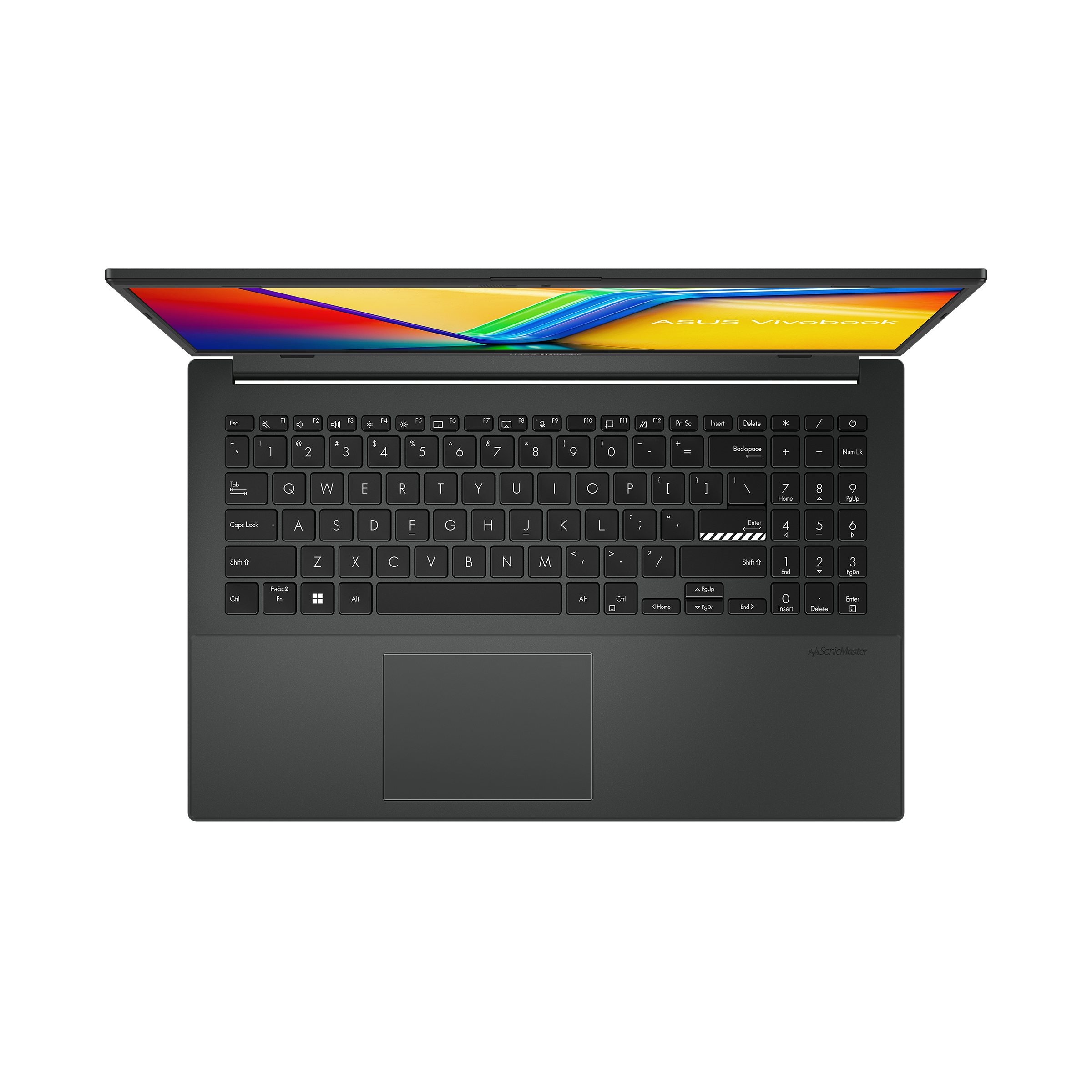 Draufsicht auf einen dunkelgrauen Laptop mit geöffneter Tastatur. Der Bildschirm zeigt Farben an.