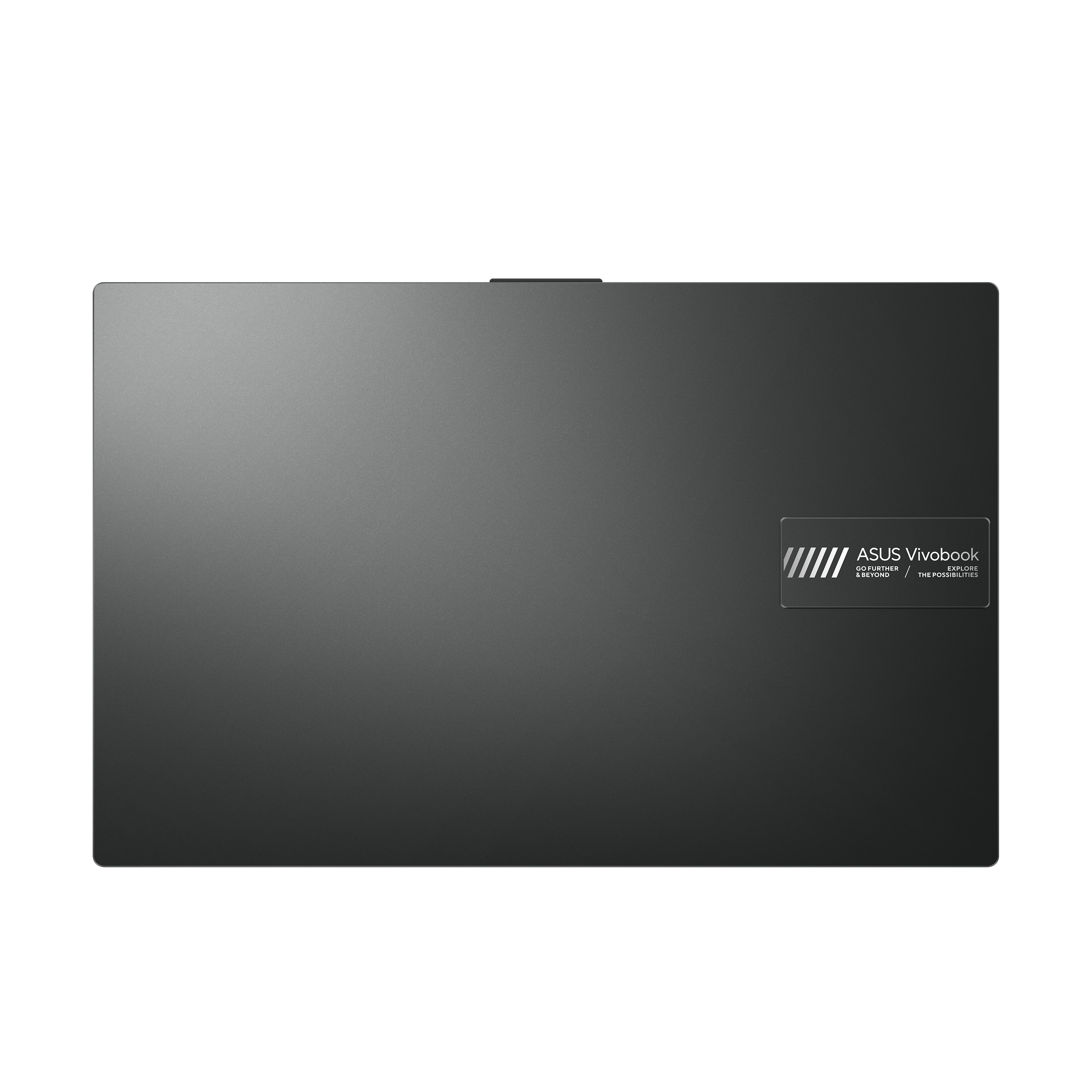 Laptoprückseite mit dem ASUS Vivobook Logo auf grauer Oberfläche.