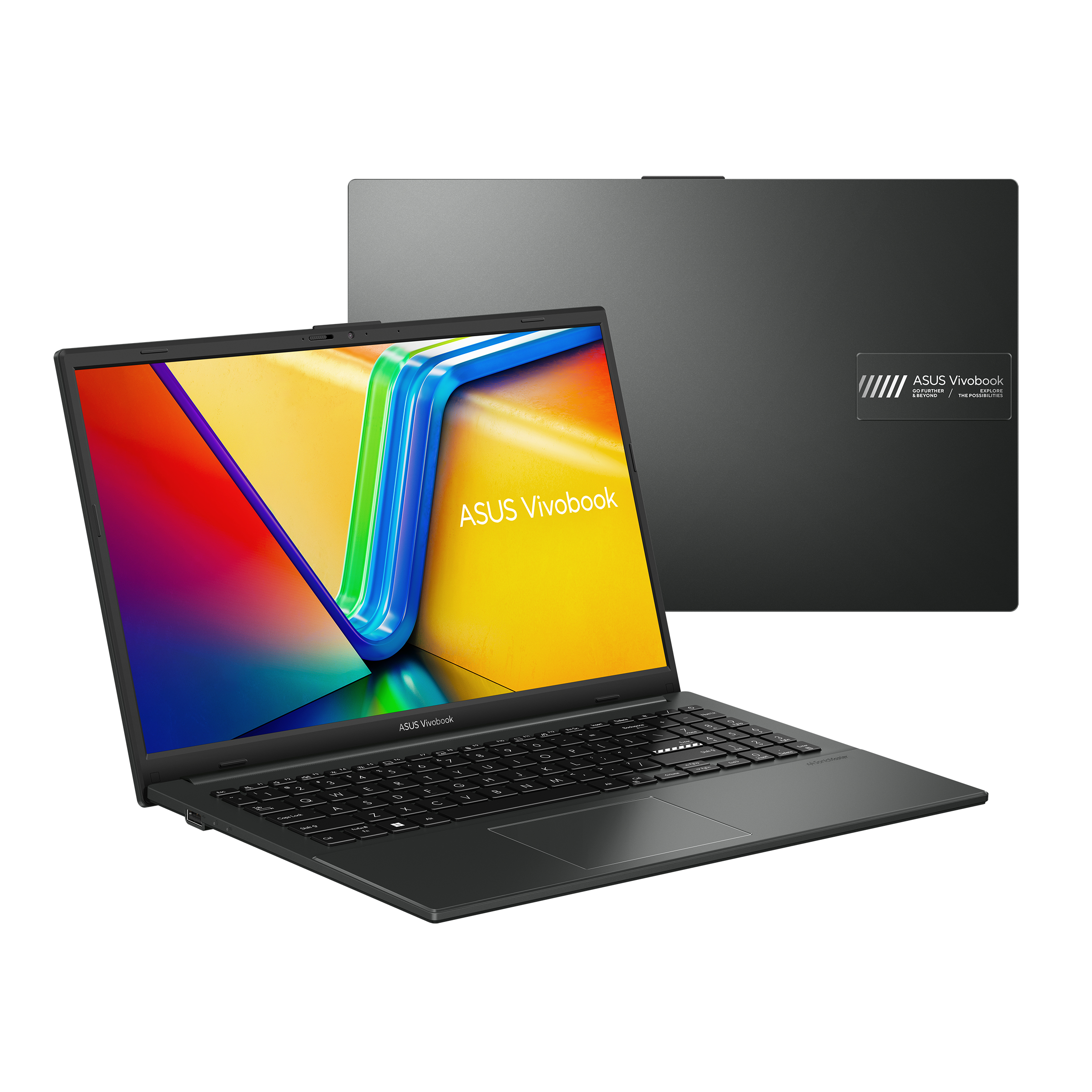 Ein schwarzer Laptop zeigt das ASUS Vivobook Logo. Der Deckel zeigt ein weiteres Logo. Weißer Hintergrund.