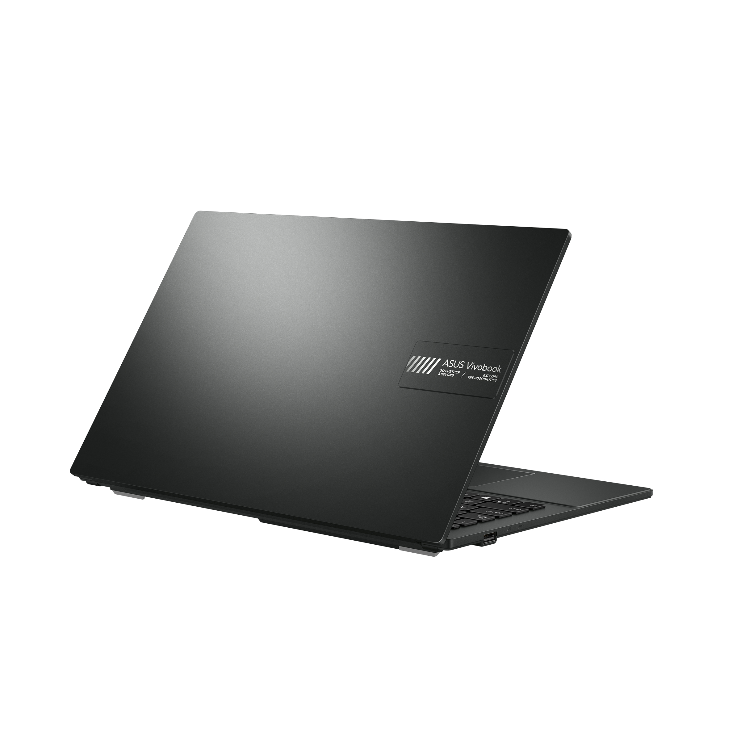 Ein schwarzer ASUS Vivobook Laptop, abgewinkelt, zeigt die Rückseite und ist teilweise geöffnet.