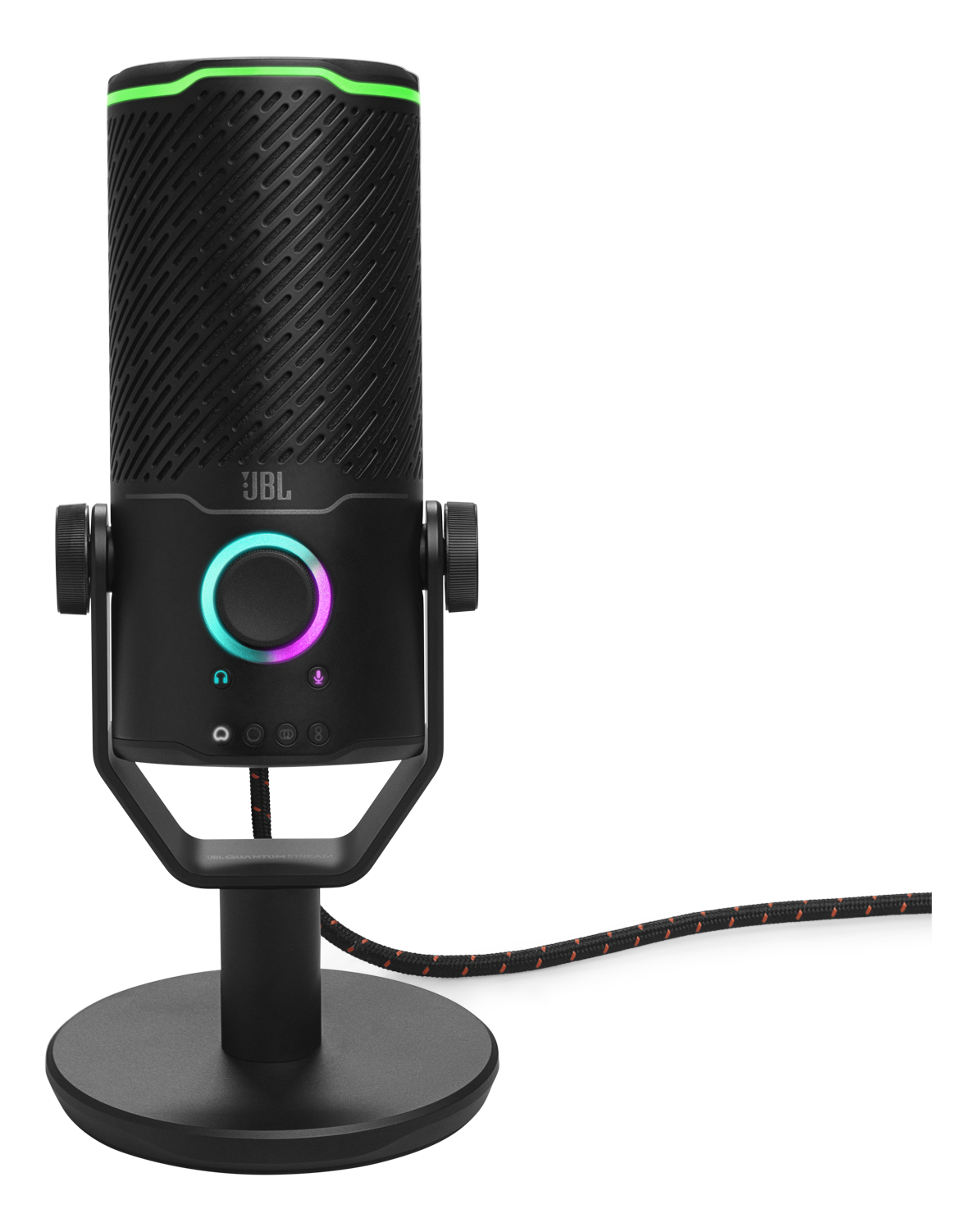 Schwarzes JBL Mikrofon mit RGB-Beleuchtung auf Ständer, schwarzes Kabel.