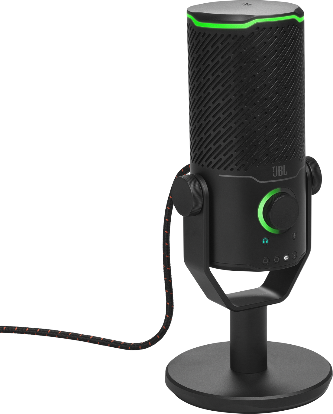 Schwarzes JBL-Mikrofon mit grünem Leuchten auf einem Ständer, mit Kabel.
