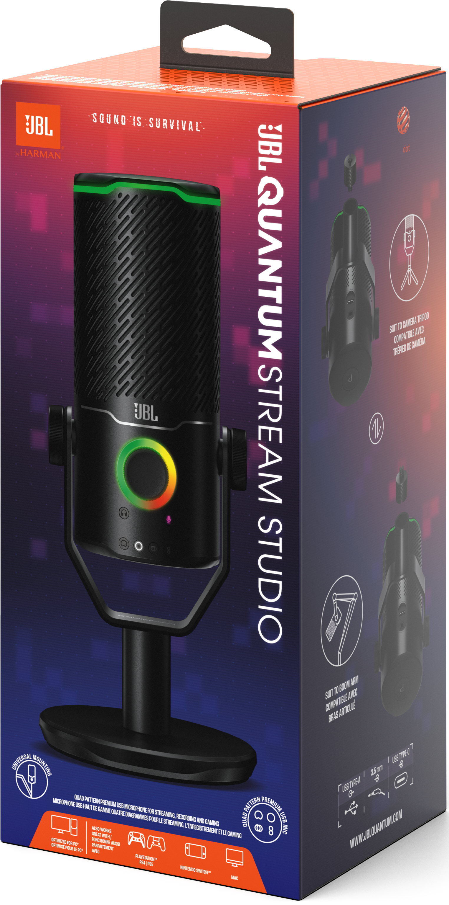 JBL Quantum Stream Studio Mikrofon auf Verpackung mit grüner und bunter LED-Beleuchtung.