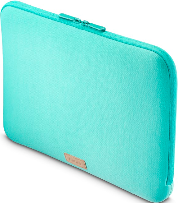 Türkisfarbene Laptoptasche mit Reißverschluss und kleinem Logo.