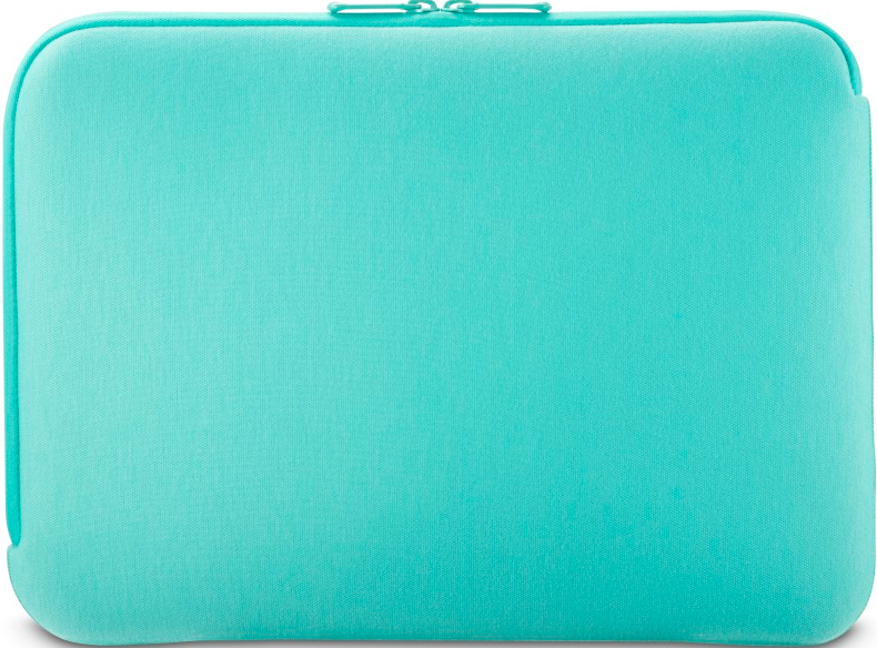 Türkisfarbene Laptoptasche mit Reißverschluss. Die Tasche ist rechteckig mit abgerundeten Ecken.