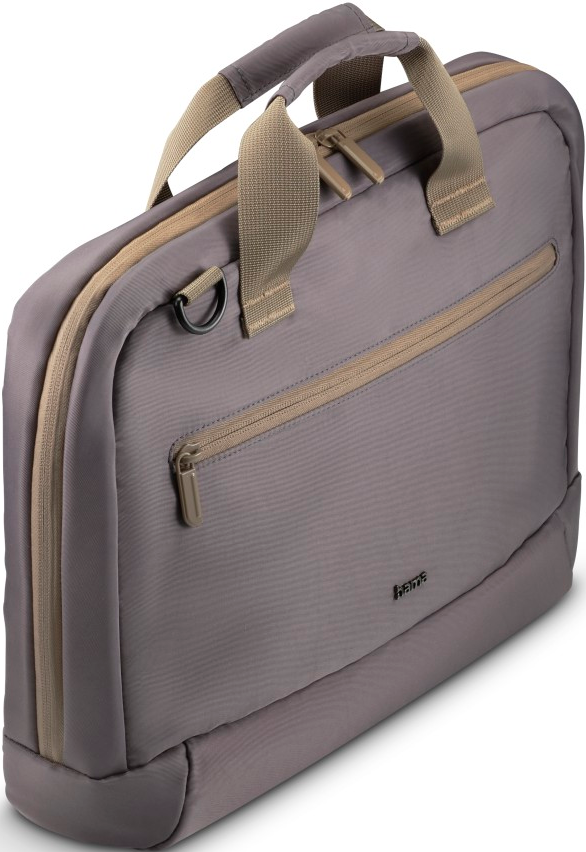 Graue Laptoptasche mit beigen Reißverschlüssen, Griff und Riemendetails.