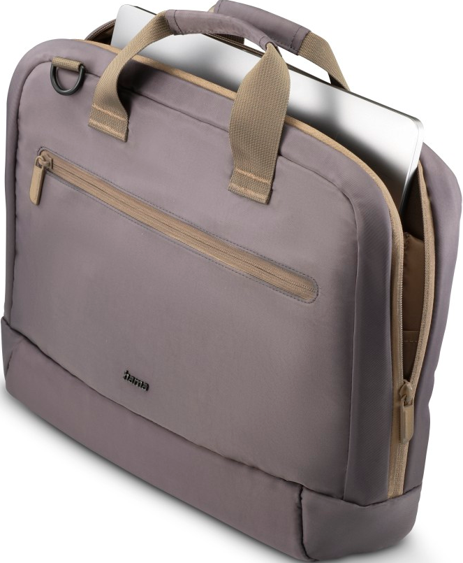 Laptop-Tasche, lila, mit einem Laptop darin.