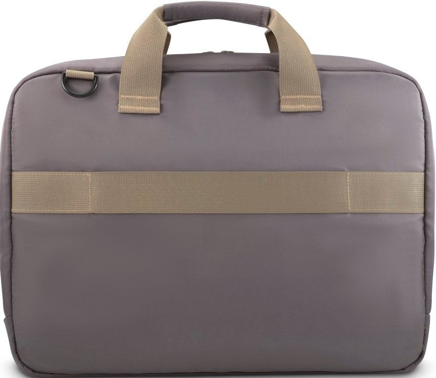 Graue Tasche mit beigen Trägern und Griff, mit einem Riemen auf der Rückseite.